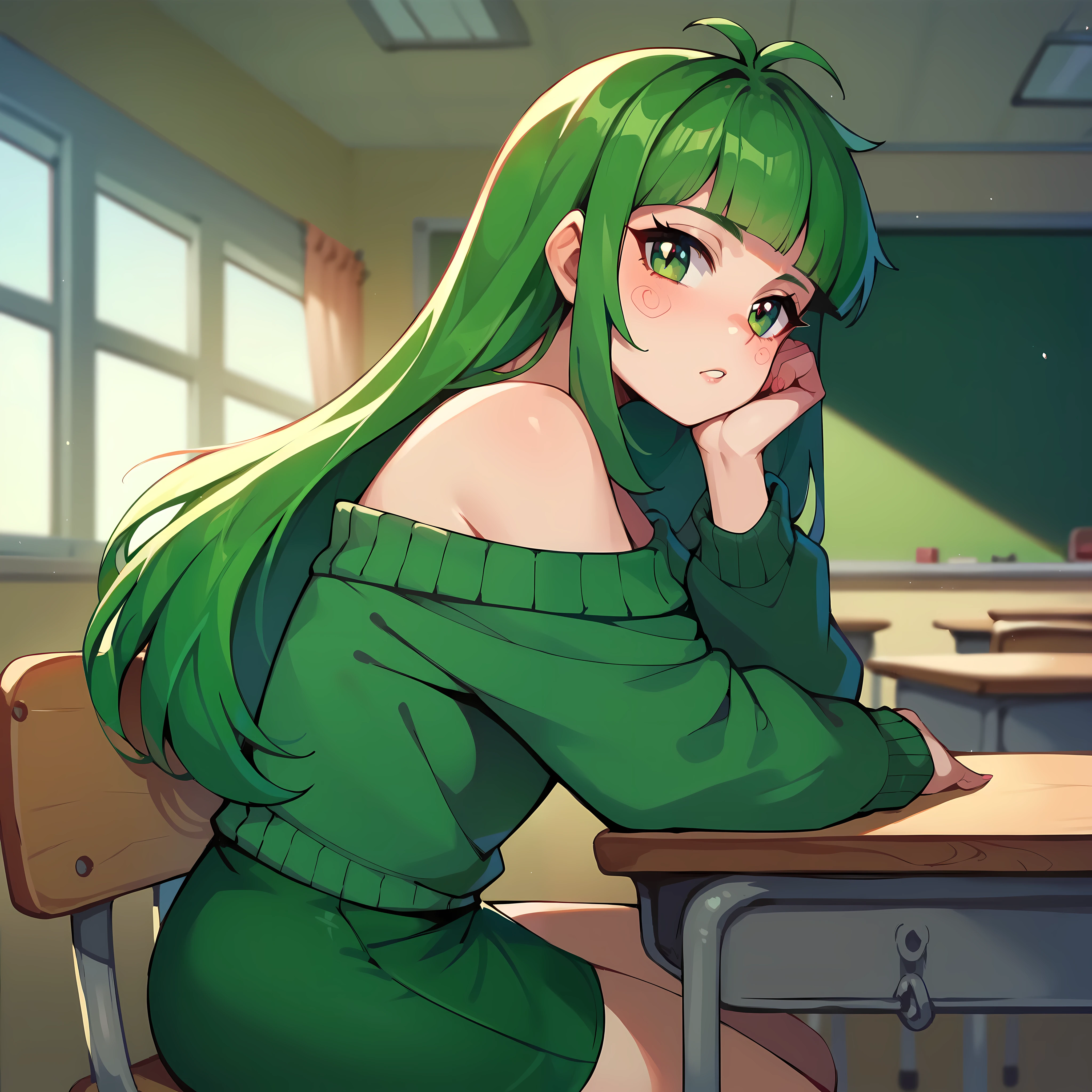 (masterpiece, best quality), 1girl, Vannamelon, indoors, classroom, seated, green eyes, green hair, long hair, green off shoulder sweater, green pencil skirt, red and green platforms