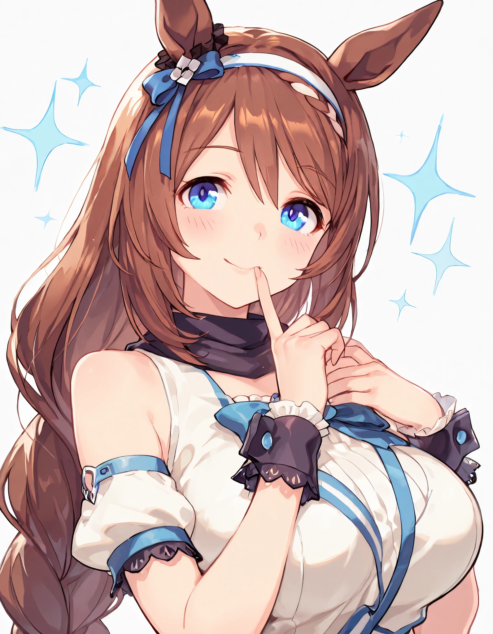 {{{masterpiece}}}, {{{best quality}}}, {{ultra-detailed}}, {illustration}, {{an extremely delicate and beautiful}},{TYPE-MOON},{{{Super Creek}}} \{{{Uma Musume\}}},{ charming smile}  \( Uma Musume\), finger to mouth
{{ black bunny girl}}} {{{ ponytail}}},{{{happy pop background}}},light sparkles,{{whole body}} upper body