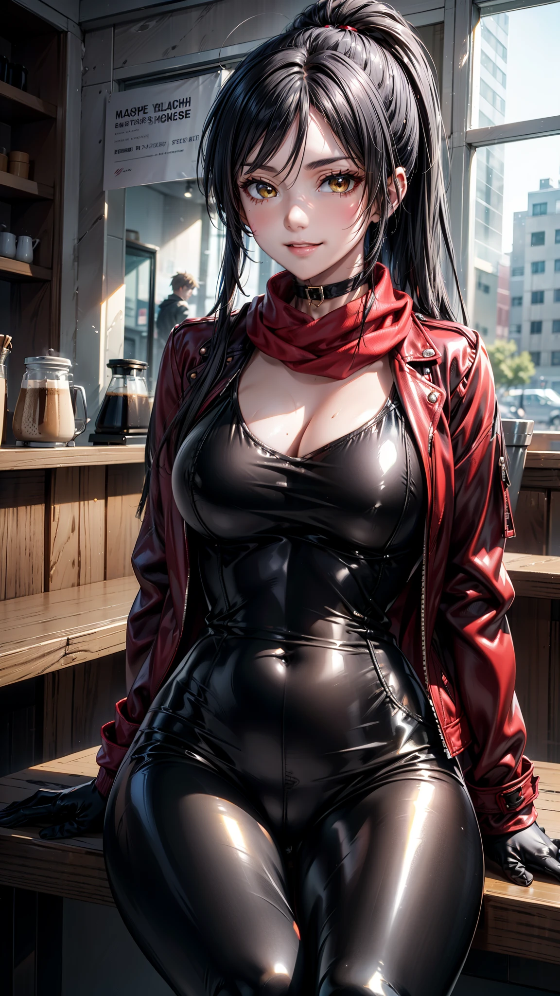 (Yaedef :1.4), 8K, highres, ultra detailed, ( masterpiece:1.4), (( perfect hands)), Better quality, Sakuya Shirase, symmetrical body, sensual lips, slender legs , badass anime girl , bright clothes, beautiful, Alone, neckline sitting on a chair, table with a rate next to it, (( seen from the front )), tender look, looking at the spectator, Tender smile, long ponytail black hair, detailed face , detailed eyes , amber yellow eyes , choker :1.6, choker :1.6, ((red scarf)), ((tight shiny black bodysuit)), ((( red leather jacket))), ((( shiny black leggings))), ((shiny black gloves )), ((Coffee shop)),
