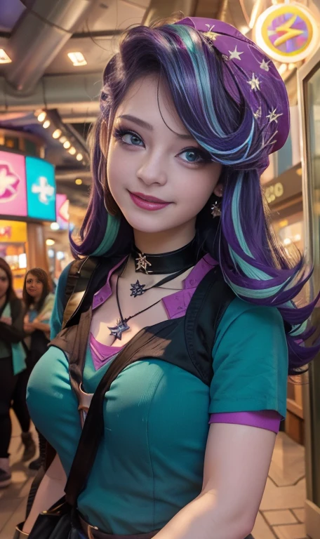 Photo of a 17 year-old American girl, .raw, beautiful woman  , cabello largo color blue turqueza ((portrait)), ((detailed face:1.2)), ((Detailed facial features)), (Piel finamente detallada) , Eyes color.blue , 、a sexy one(color fresco), wet, wet, Reflectoreasutepiece) (proporciones perfectaotos realistas)(The best quality) (detailed) fotografiado con una EOS R5 de Canon, 50mm lens, f/2.8, NffSW, (8k) (wallpaper) (cinematic lighting) (Dramatic lighting) (sharp focus) (Convoluted) big breasts , big breasts , Whole body , beautiful teenage body  ,cute makeup , big smile , Red lips. mlp ,Starlight Glimmer  , dynamic photo , pose sexy , Mall , evening , smug smile , purple clothes , spiked bracelets , cabello largo color blue turqueza con mechas color morado, Whole body , foto de Whole body , my little pony Equestria girls , she has a necklace with a ruby , ropa de pelicula my little pony Rainbow rocks