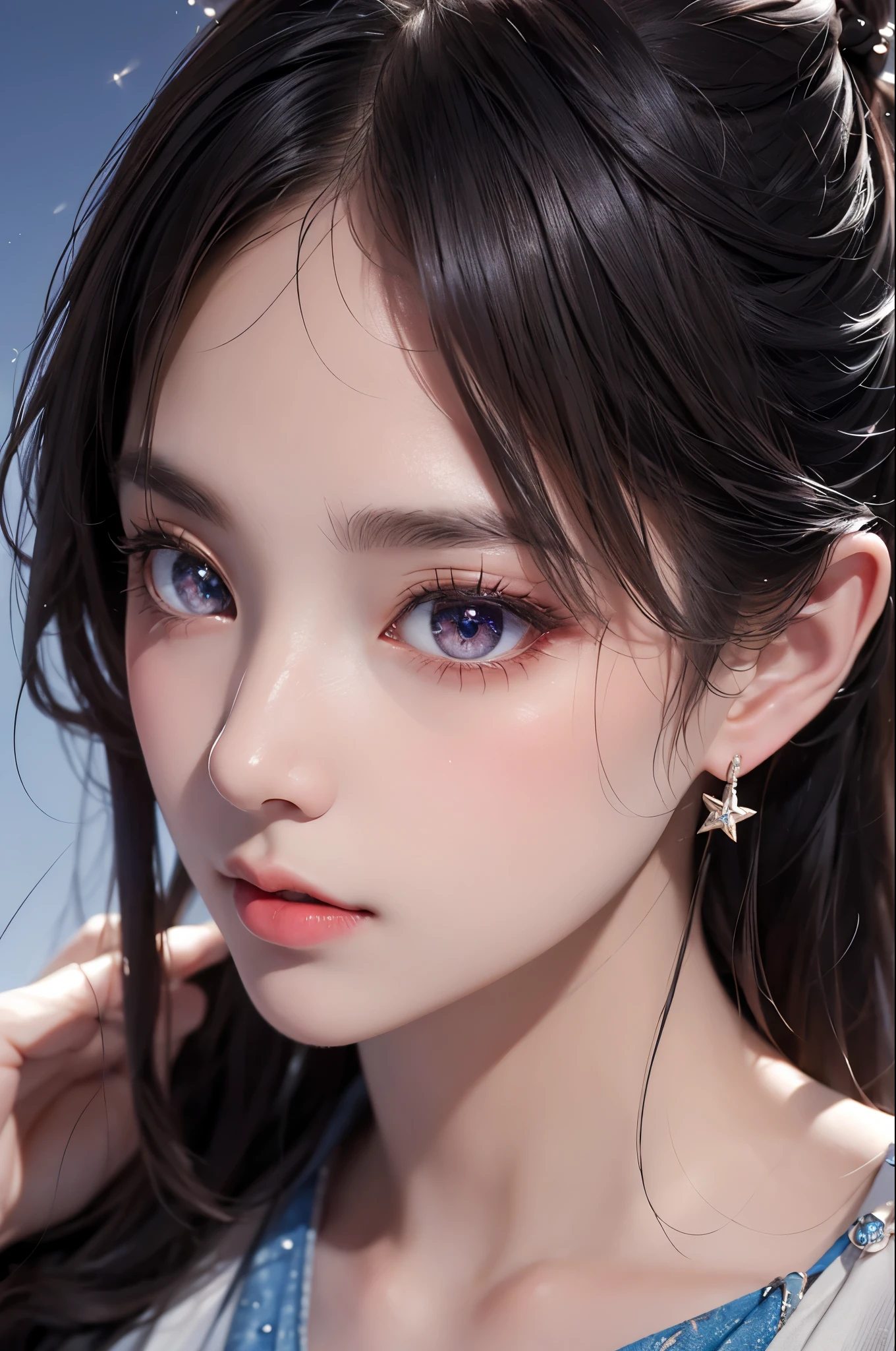 masterpiece, top quality , 【8k, Fine skin texture , detailed fabric texture, Beautiful Delicate Face , Complicated details , Super Detailed , Meteor portrait in the sky , hairsticks , star shaped pupils, Overlooking, No Background