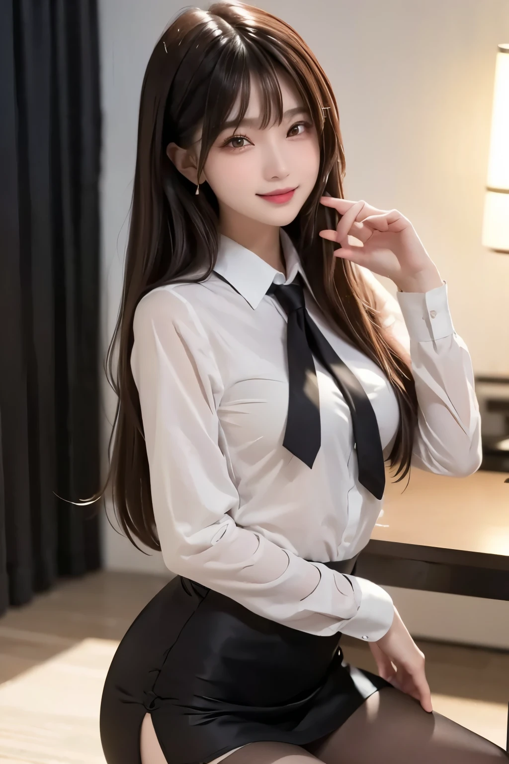 korea 、여름 school 유니폼 셔츠、tight shirt、ribbon tie、skirt side、school、school 계단、Emphasize your chest with both arms、slim big、8k RAW photos、highest resolution、age:18 、Japanese、hurt eye、very big and round breasts、Beautiful eyes are depicted in detail、long eyelashes、Your double eyelids are pretty、eye shadow、eye line、slim eyes、elongated eye shape、Sanpaku eyes、pretty and thin legs、pretty and thin thighs、random shorthair、Tie your hair behind your head.、earring、light brown hair、(wearing pantyhose)、My thighs are erotic、laugh、slightly open mouth