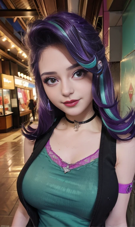 Photo oF a 17 year-old American girl, .CRUDO, beautiFul woman , cabello largo color azul turqueza ((retrato)), ((Cara detallada:1.2)), ((Detailed Facial Features)), (Piel Finamente detallada) , ojos color.azul , 、un sexy(color fresco), wet, wet, ReFlectoreasutepiece) (proporciones perFectaotos realistas)(La mejor calidad) (Detallado) FotograFiado con una EOS R5 de Canon, lente de 50 mm, F/2.8, NFFSW, (8K) (papel tapiz) (cinematic lighting) (dramatic lighting) (sharp Focus) (Enrevesado) senos grandes , pechos grandes , cuerpo completo , hermoso cuerpo de adolesente ,lindo maquillaje , gran sonrisa , labios rojos. Mlp ,Starlight Glimmer , foto dinamica , pose sexy , centro comercial , noche , sonrisa presumida , ropa morada , brazalentes con puas , cabello largo color azul turqueza con mechas color morado, cuerpo completo , foto de cuerpo completo , my little pony Equestria girls , tiene un collar con un rubi , ropa de pelicula my little pony Rainbow rocks