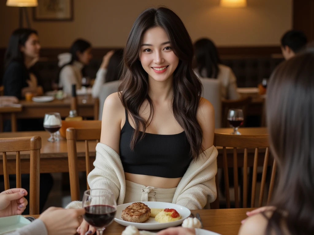 The face is very cute, like a 15 year old idol.　Smile kindly.　In micro bikini underwear　whole body　Medium bust　Inside the chic restaurant　daytime　sit down　full figure　Eat delicious looking french fries from the table　raw photos　real　real　high resolution