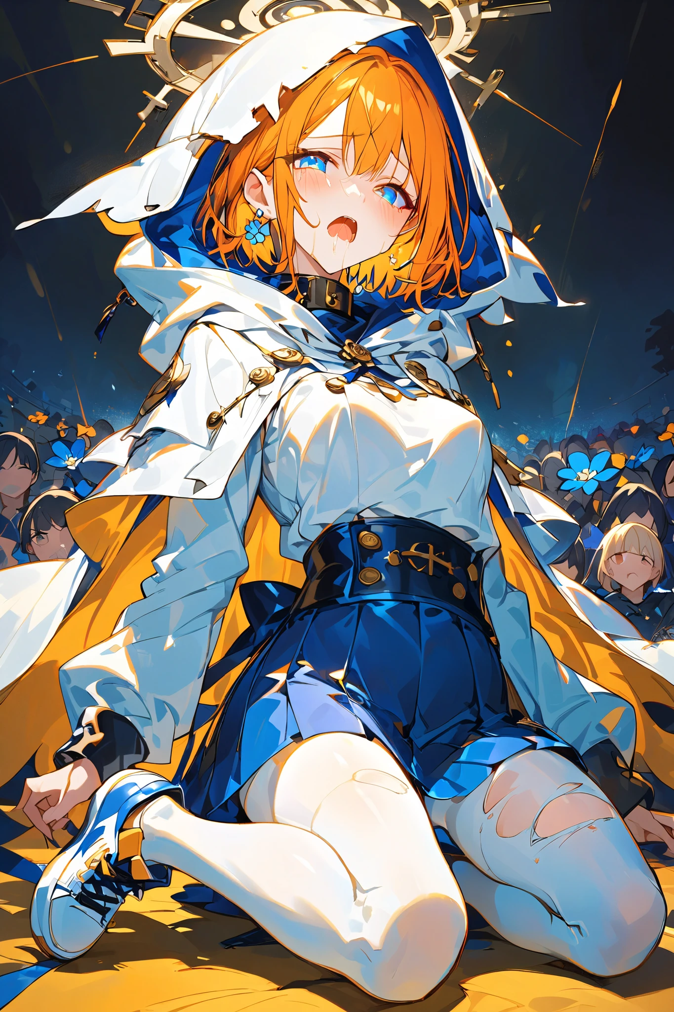 16k works,Highest quality,18-year-old,No background.White background only,whole body、y, One person, Beautiful Face,, Symmetrical eyes, Perfect body, Good balance、 Perfect body.(Gorgeous magical orange and blue dress with ruffles:1.2) No sleeve, Removable sleeve, Underarm, Open box, White thigh-high pane, Underarm, squat, Spread your legs,