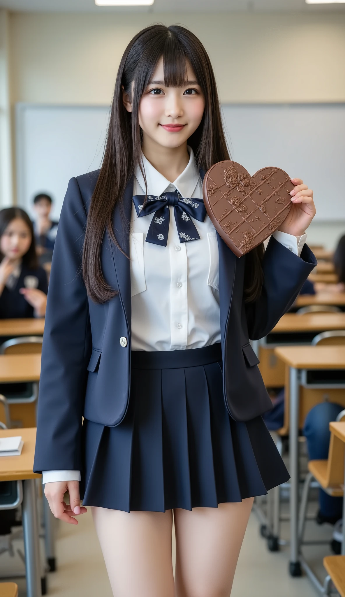 (It depicts a very young Korean pop idol girl wearing a blazer school uniform。),((Male students raising their hands)),((I have a big heart-shaped chocolate)),((( legs open))),((smile)),(Put a ribbon on your head),((( full body shot on one side))),((( school classrooms))),( a soft light shining on your face ), ((live-action)),(((Very young face))),((Beautifully centered )), shiny skin ,  staring at the camera, Show view ,  beautiful hair, (No-makeup beauty), Pure Eyes , (Young Korean hair ,),  black hair,,((Tying up hair)), (8k,  top quality ,  masterpiece:1.2,  very knowledgeable about trends),(  anatomically correct,  ultra detailed skin  )), 