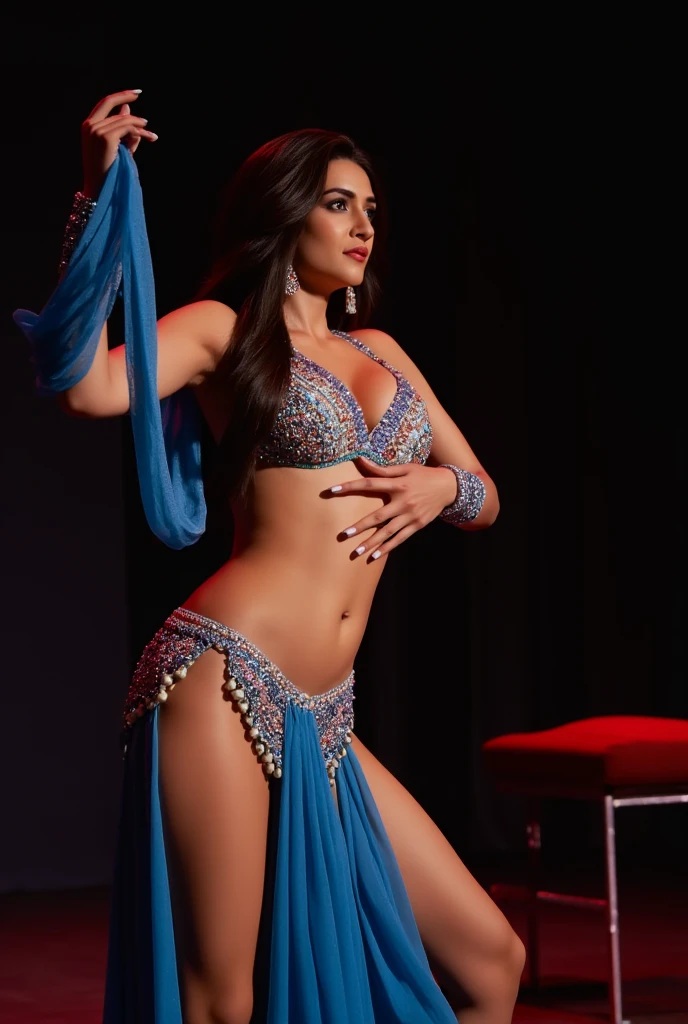 A lovely woman, belly dancer, dressed in flowing sheer colorful silks, is doing a sensual mesmerizing dance. she is on stage at a USO show