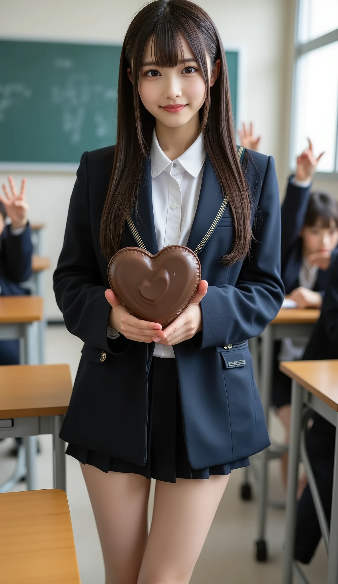 (It depicts a very young Korean pop idol girl wearing a blazer school uniform。),((Male students raising their hands)),((I have a big heart-shaped chocolate)),((( legs open))),((smile)),(Put a ribbon on your head),((( full body shot on one side))),((( school classrooms))),( a soft light shining on your face ), ((live-action)),(((Very young face))),((Beautifully centered chest)), shiny skin ,  staring at the camera, Show view ,  beautiful hair, (No-makeup beauty), Pure Eyes , (Young Korean hair ,),  black hair,,((Tying up hair)), (8k,  top quality ,  masterpiece:1.2,  very knowledgeable about trends),(  anatomically correct,  ultra detailed skin  )), 