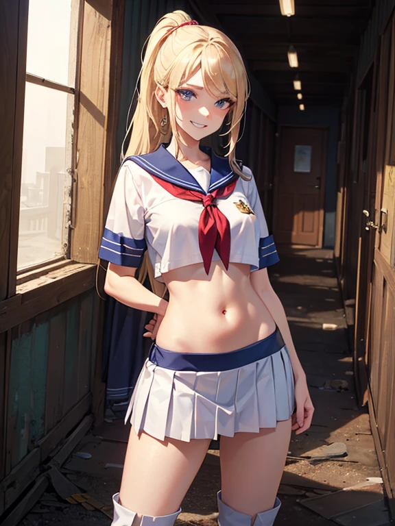 top-quality、realistic touch,high-detail、photoRealstic、thin-waist、captive beauty、big eye、solid platinum-blonde eyelashes、platinum-blonde、full body Esbian、Sparkling eyes, cheeks flushed、thin-waist、In the classroom of the school、She is in estrus、a sailor suit、cocky expression、Super short skirt with V-line visible、Sleeveless、Navel look、small tits、Ponytail hair style、a sailor suit that is extremely short in length、Colossal tits、big butts、Angle from below、Big breasts visible between uniform and stomach、sexy pose、see-through garments