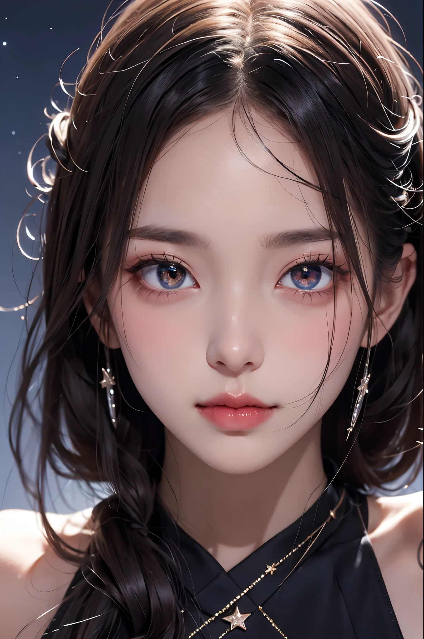 Masterpiece, Top , 【【8k, delicate skin texture , Delicate Fabric Texture , Beautiful delicate face , complex details , Super Details , Meteor portrait in the sky , Hairpin, Star-shaped pupil, Overlooking, No Background