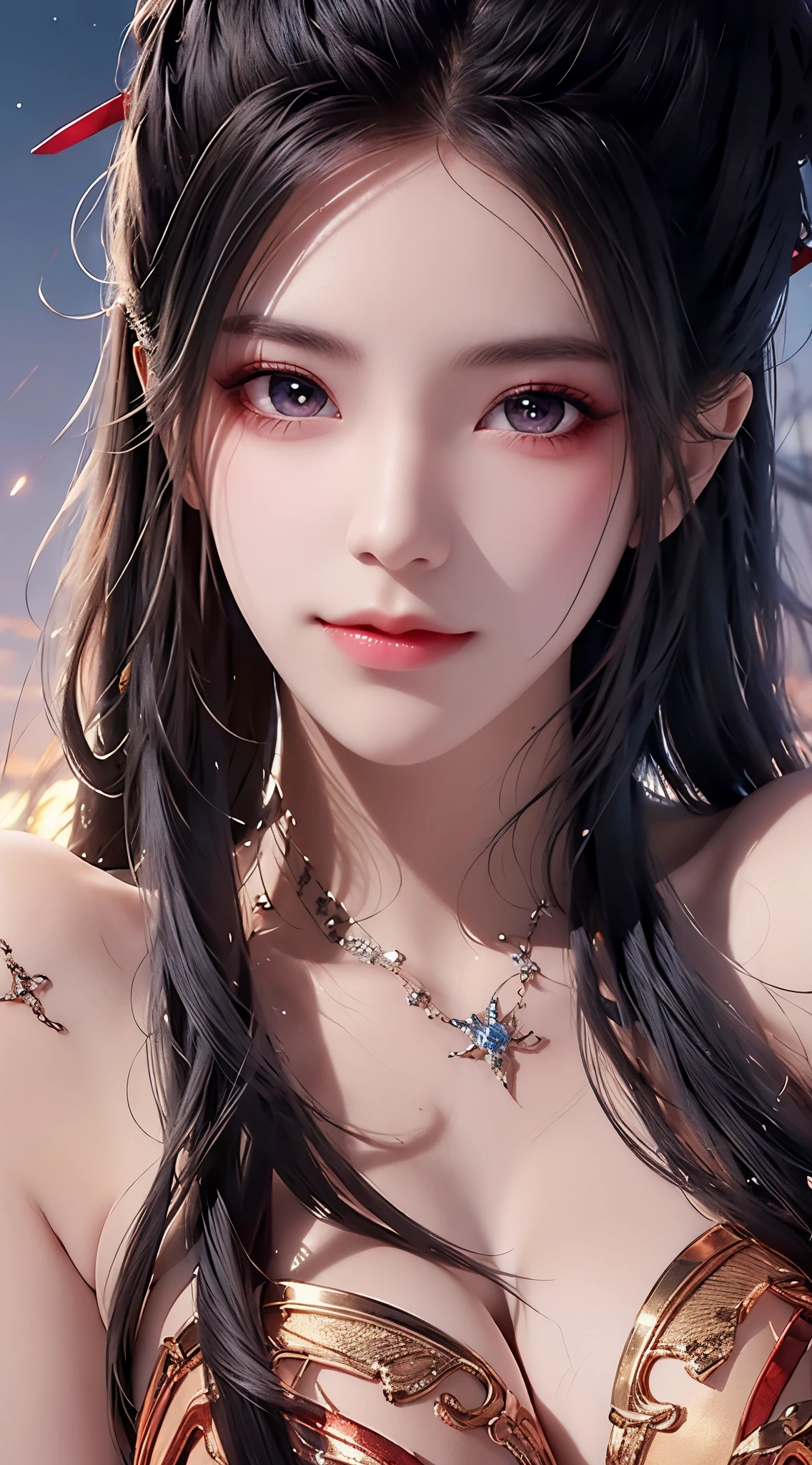 masterpiece,  top quality , 【8k,  Fine skin texture ,  detailed fabric texture,  Beautiful Delicate Face ,  Complicated details ,  Super Detailed ,  Meteor portrait in the sky  ,  hairsticks , star shaped pupils, Overlooking,  No Background 