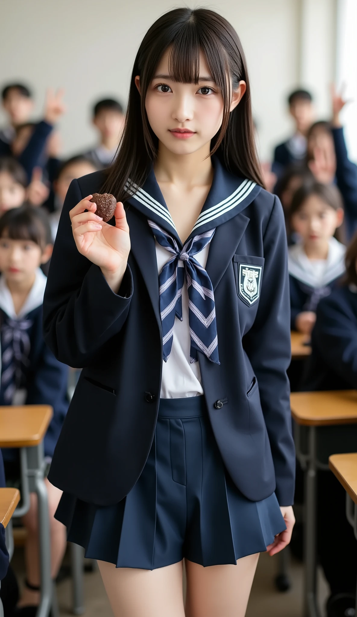 (It depicts a very young girl student of a Korean pop idol wearing a blazer school uniform。),((I have a big heart-shaped chocolate)),((( legs open))),((smile)),(Put a ribbon on your head),((( full body shot on one side))),((The background is a group of male students with raised hands )),((( school classrooms))),( a soft light shining on your face ), ((live-action)),(((Very young face))),((Beautifully centered chest)), shiny skin , staring at the camera, Show view , beautiful hair, (No-makeup beauty), Pure Eyes , (Young Korean hair ,), black hair,,((Tying up hair)), (8k, top quality , masterpiece:1.2, very knowledgeable about trends),( anatomically correct, ultra detailed skin )),