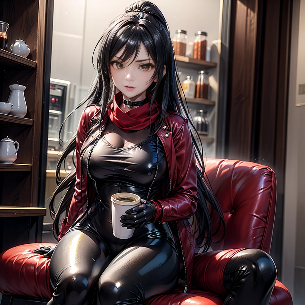 (neat、NOD)、(five fingers)、(Well-proportioned )、(good anatomy)、(deeply emotional and visually striking image)、(taking a cup of coffee)、(EnvyBetterHands, QuickHand),(angled, sharp, edgy, piercing, fierce)、(Belt Pouch、Hats、Brown hair、black hat、red necktie、beret、Mouth closure、cropped jackets、Viewer's Perspective、a choker、gloves、neck tie、black Niso、Red gloves、thighs thighs thighs thighs、jaket、 Brown Thigh Socks、Open jacket、black jacket、porche、ammunition belt、thigh-high socks、Open clothes、bl)、(Cafe、Cafe背景)、(sit、椅子にsit) an woman with very long red hair, Neckline, black ribbons, bodysuit, cold look, queen, correct proportions, torn clothes, Serious, mysterious appearance, emotionless, evil, (red eyes), gothic, large chest, cinematics, color oil painting, 独奏, cinematic lighting, extremely detailed face, finely detailed face, beautiful face, beautiful eyes, perfect lighting, depth of field, realistic proportions, , ((((​masterpiece, the best quality, ultrahigh resolution)))), 1girl, standing, (sexy latex costume), looking at the viewer)、,(large breasts:1.1),((((Global Illumination:1.5))).((contrasted:1.5)),((Anime painting)),,((best quality, masterpiece,,Highest quality、High resolution,8k,ultra-detailed face,アニメ,ultra-detailed eyes,ultra-detailed hands,ultra-detailed fingers,ultra-detailed eyes, ultra-detailed hair, ultra-detailed hands,ultra-detailed skin, shiny skin, Silky Pale White, ultra detailed and beautiful, Model Pose)),(Use of strong primary colors),(Perfect Anatomy,High resolution, Very detailed,Dutch Angle ,Beautiful fine details,Visual Arts,Five Fingers, Perfect hands, Perfect lighting),(stylish pose),(eight-headed body),(Use of bright colors)(from side)、(closeup-face)、、、、、,