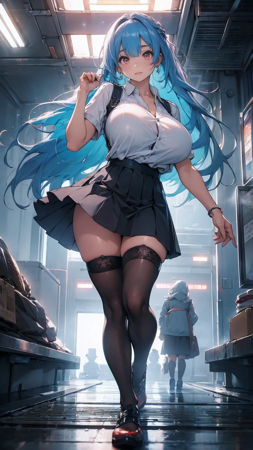 NSFW, 1girll, RAW photo , Best quality , Masterpiece , Photorealistic , Realistic details , Realistic proportions , A detailed face , face round , Whole body , full bodyesbian , Japanese female office worker , A MILF , attractive mature lady , 25 age old, Seductive smile , Curvy , secretary , Very short miniskirt:1.4 , Skirt lift 1.8 , Panty shots:1.2 , a garter belt ,Pantyhose , Spread legs, Transparent blouse:1.5 ,Bra compartment shirt:1.5 ,glistning skin , ,Stand in the warehouse , Dynamic lighting,