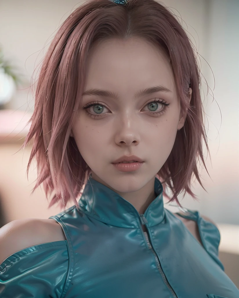 Best quality, super high resolution, photorealistic, beautiful girl details, unrealistic outfit, pseudo-space, close-fitting combat uniform, viewer details, detailed facial details, beautiful detailed eyes, pink hair, blue eyes, slender, unforgettable smile, make-up, red lips, portrait, highly detailed clothes,