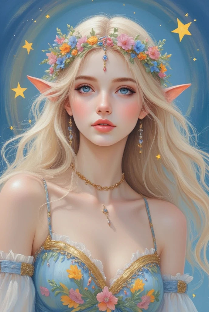 masterpiece,best quality,huge filesize,masterpiece,best quality,(((masterpiece))),(((best quality))),
Cute and Chibi style,young woman elf,cute cartoon character,She wore a garland of flowers on her head,Long blonde hair,blue eyes,vibrant colors,colorful,cute,adorable,intricately-detailed,delicate,beautiful,stunning,breathtaking,intricate detail,insanely high detail,volumetric lighting,fantasy background.flat,best quality,TT seecolor Flower field,