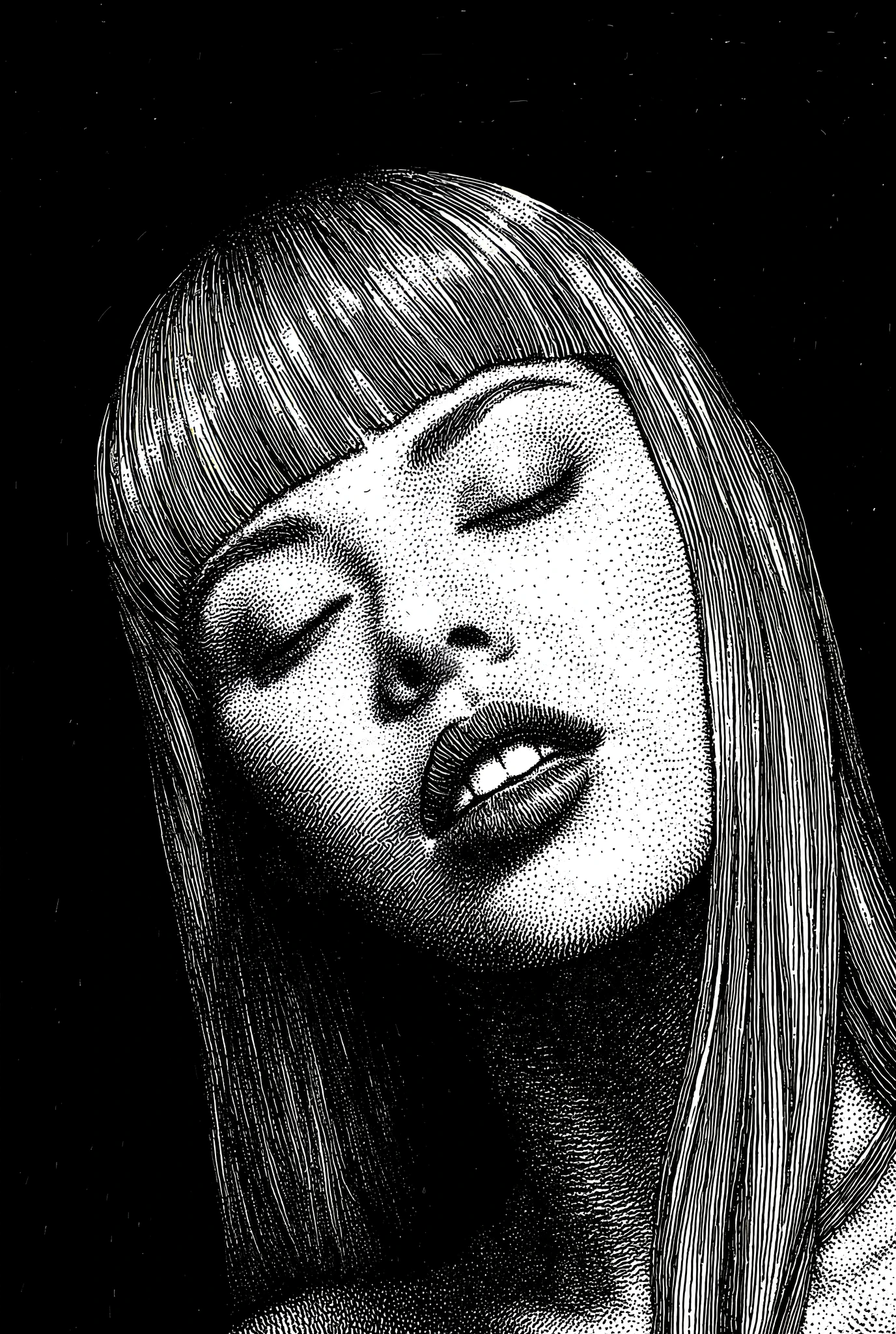 score_9, score_8_up, score_7_up, score_6_up, score_5_up, score_4_up, digital art,
BREAK
(masterpiece: 1.0), best quality, perfect anatomy, perfect composition, perfection, 4k resolution, absurdres, very aesthetic, professional artwork, absolutely beautiful, greyscale, monochrome, realistic,
BREAK
Highly detailed ink drawing with intricate stippling and cross-hatching, by Apollonia Saintclair. Dark room with a face of an asian woman, with her head tilted back, eyes closed. blunt bangs with long blonde hair. Her face is partially obscured by the shadows