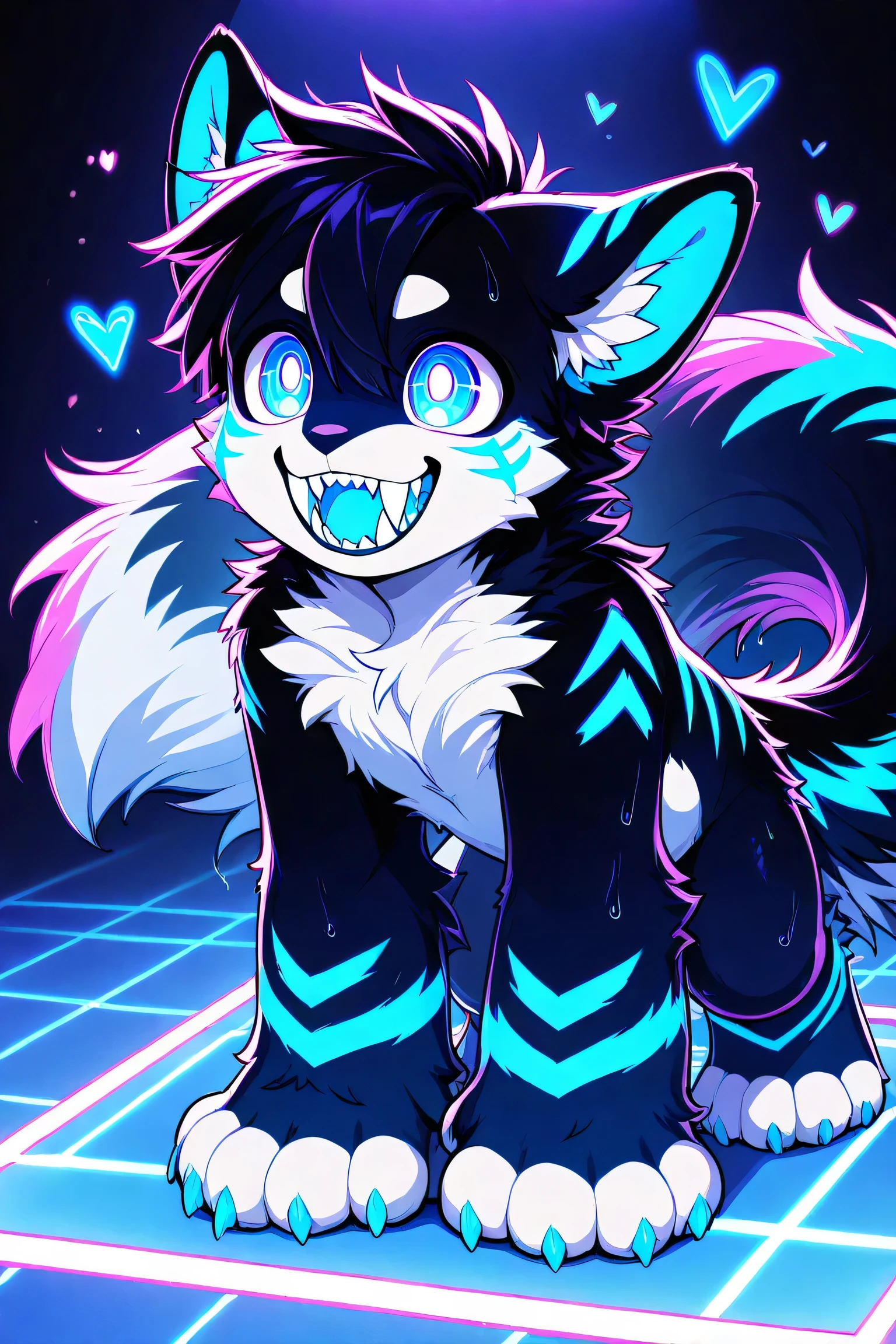 (((Feral))), male, fluffy fur, solo, attractive body, big tail, big paws, claws, ((big fangs)), (((white belly))), (((black fur))), (((blue neon fur markings))), cub, young, colored, crazy smile, floating hearts, chest fluff, fluffy hair, back fluff, leg fluff, (((twink body))) wet fur, on dancefloor, (((portrait))), on front view, paws
