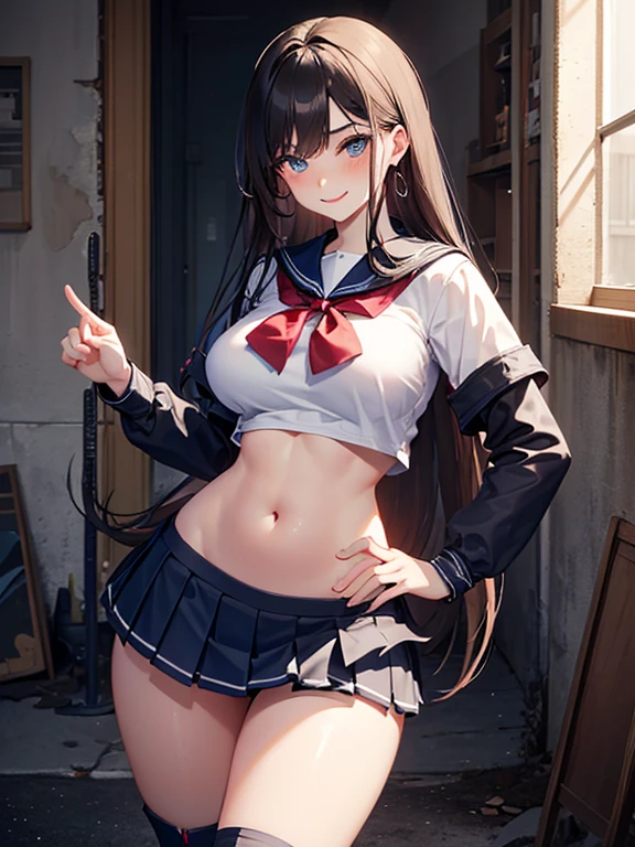 1girl, sekai saionji, Bangs, black_Hair, Hair_between_eyes, Long_Hair, medium breast, crazy eyes , masterpiece, best quality, highly detailed, a anime girls in sailor uniforms with a gun posing for a picture, evil smile, smile, open mouth,black_serafuku, ecchi anime style, anime girls , ecchi style, ecchi, shipgirls, digital anime art!!, high school girls, holding a gun, hold a gun, anime style 4 k, micro skirt, exposed belly, exposed navel, exposed midriff, exposed lower belly,school, classroom, navel piercing, mouth open and tongue out