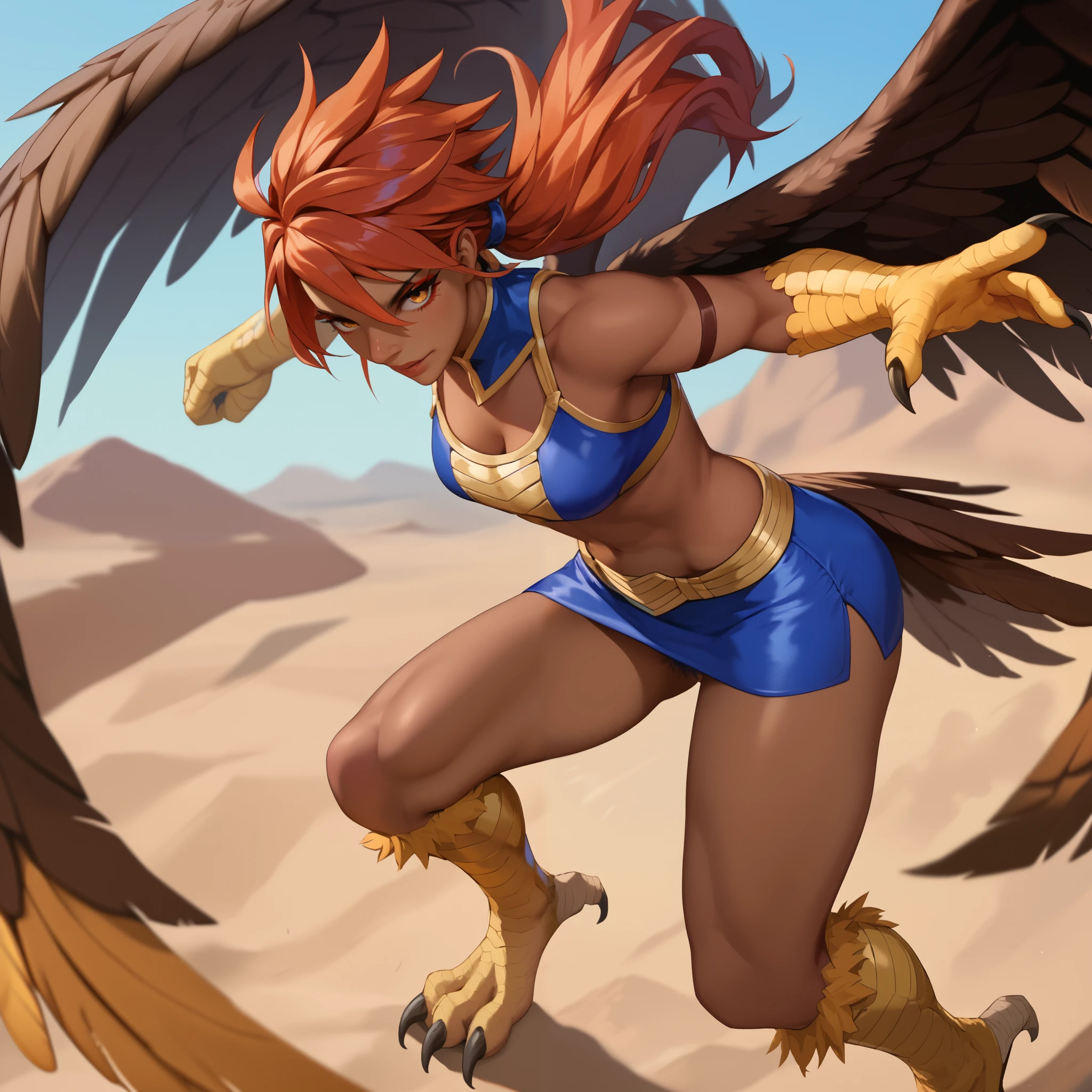 (masterpiece), (best quality), (highest quality), (highres), (absurdres), (extremely detailed), perfect face, gorgeous face, score_8, score_7, source_ animated, ANIME, young woman, high resolution, a woman,harpy, cabello corto,eagle tail, great wings, short dress,eagle claws,brown skin,in a desert place, pubic hair, skimpy armor, action pose, human arms, forearms with fur, eagle claws, five fingers,