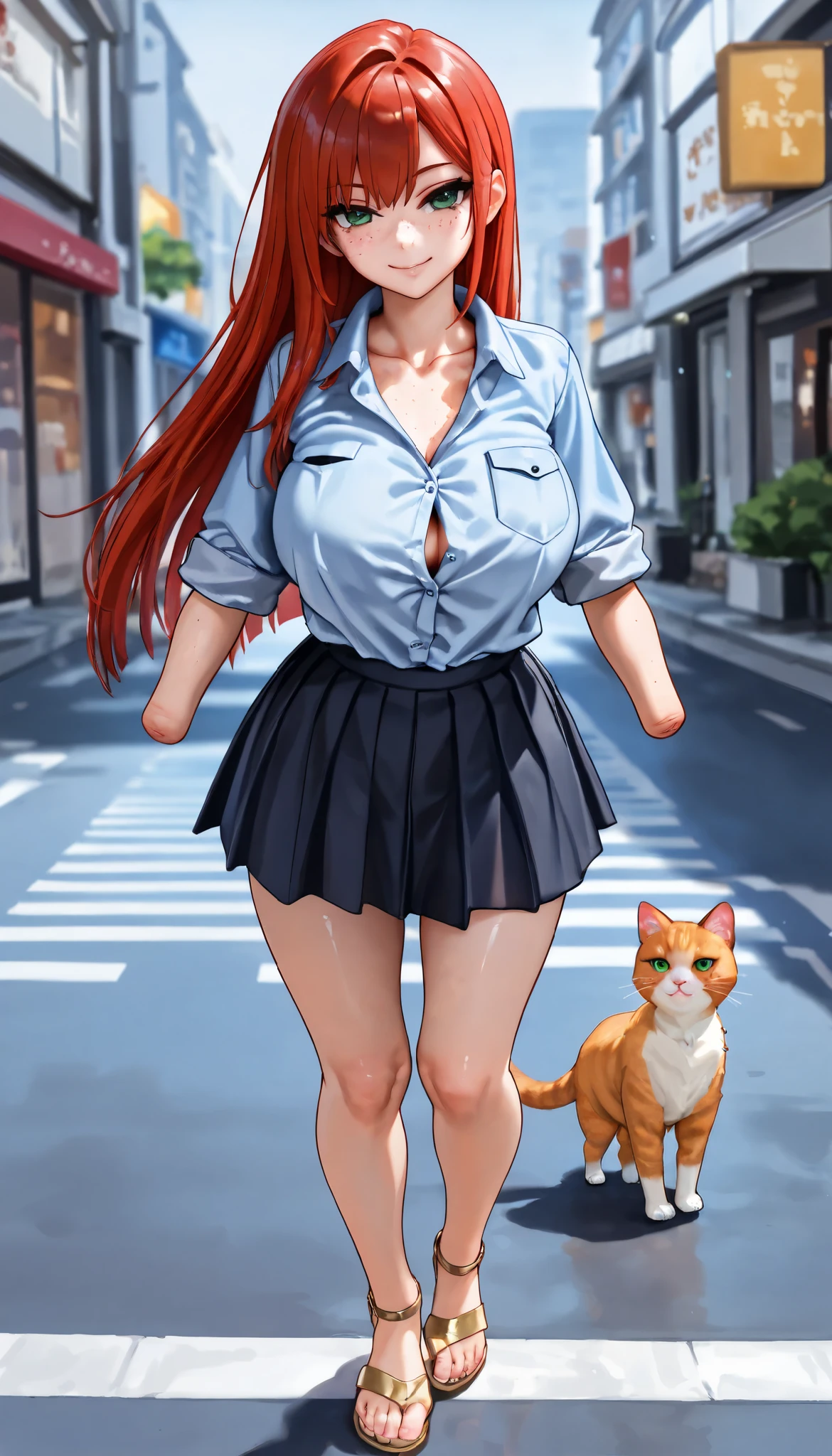 beautiful armless amputee girl dressed in blue shirt with rolled sleeves and skirt walking on the shiny street, girl, cute, sassy, smile, green eyes, (freckles), ((long straight red hair)), ((light blue button down shirt)), (rolled up sleeves), ((missing forearms)), ((amputee)), (((arm stumps))), ((collarbone)), big breasts, (chest pocket), ((legs)), light sandals, looking at viewer, shiny street, ginger cat, detailed