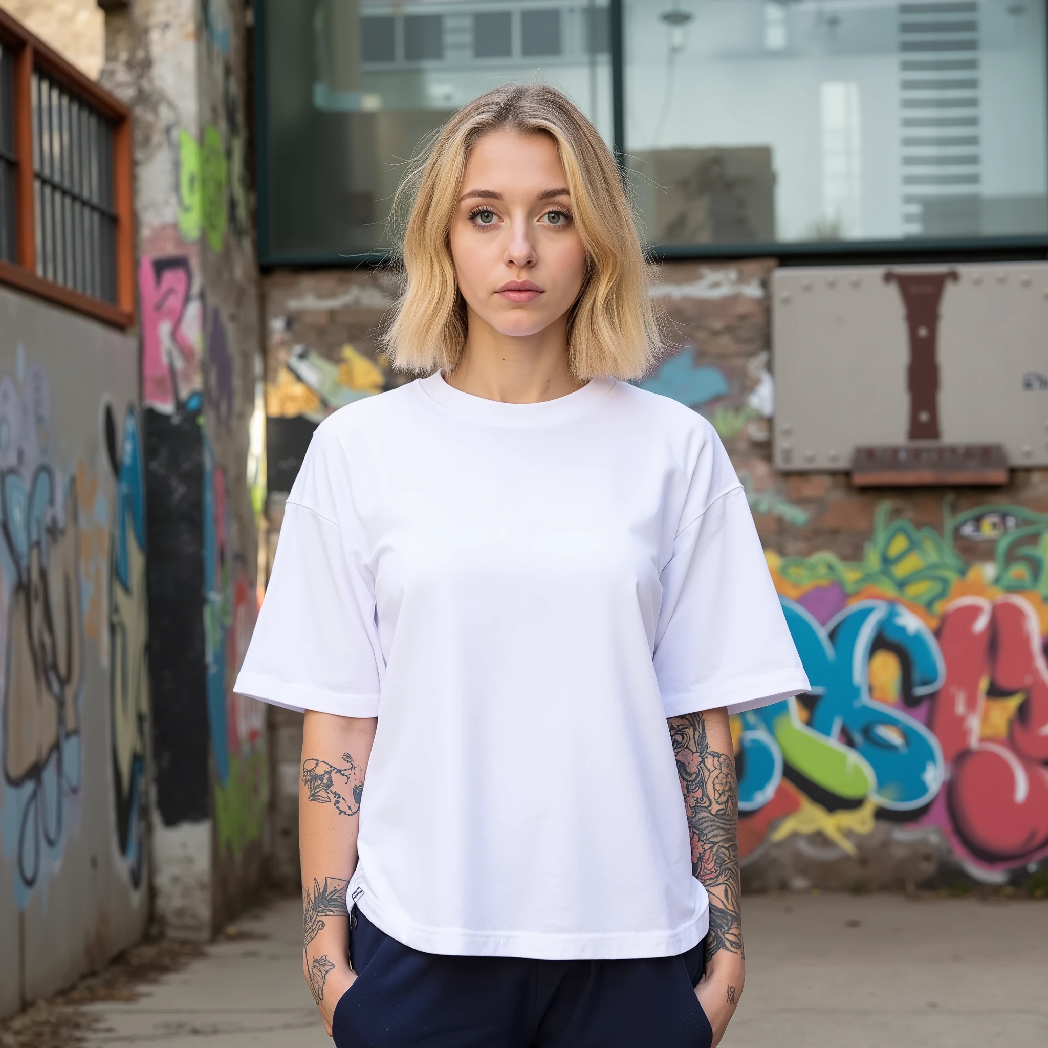 high resolution 8k image of a 25-year-old tattooed blonde woman looking from the front wearing a large loose oversized t-shirt as white as a remeron, with an urban background and with dark joggins 