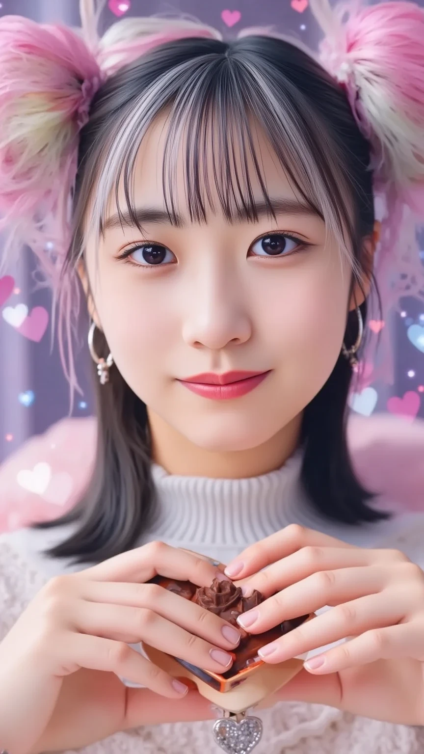 A cheerful anime-style virtual idol girl with sparkling eyes and pastel-colored hair styled in twin buns. She holds a heart-shaped chocolate toward the viewer with both hands, winking playfully. The background is a dreamy digital stage with floating hearts and glowing effects. Style: anime, virtual idol, vibrant, fantasy.
