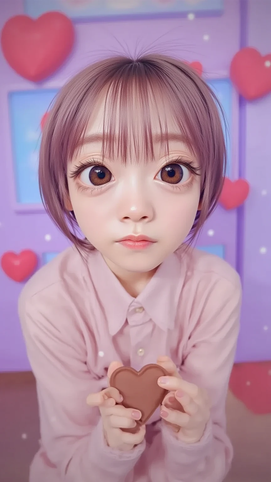 Menina pequena com rosto infantil, cabelo loiro claro, olhos azuis, vestido rosa, corada, sorrindo, anime, kawaii, olhos detalhados