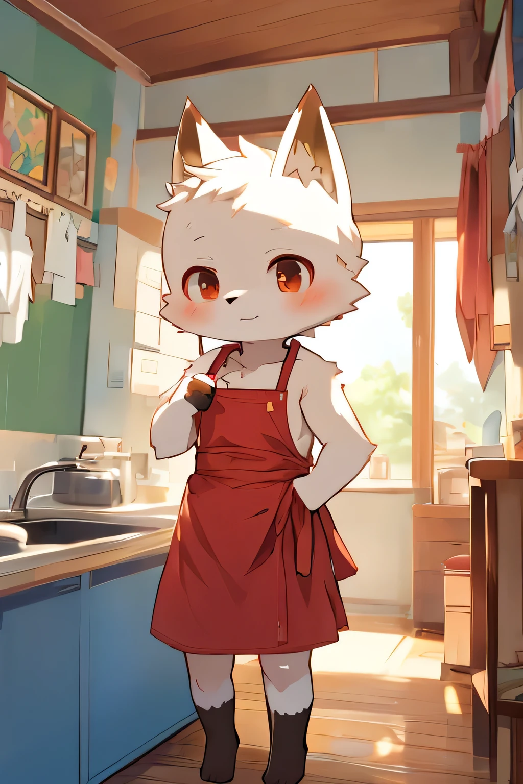 White fox、 naked with only red apron、Hold down clothes 10 cm long 、 Shota、whole body、Anime Chibi character 、Dyed cheeks 、 composition seen from below、 above the knee