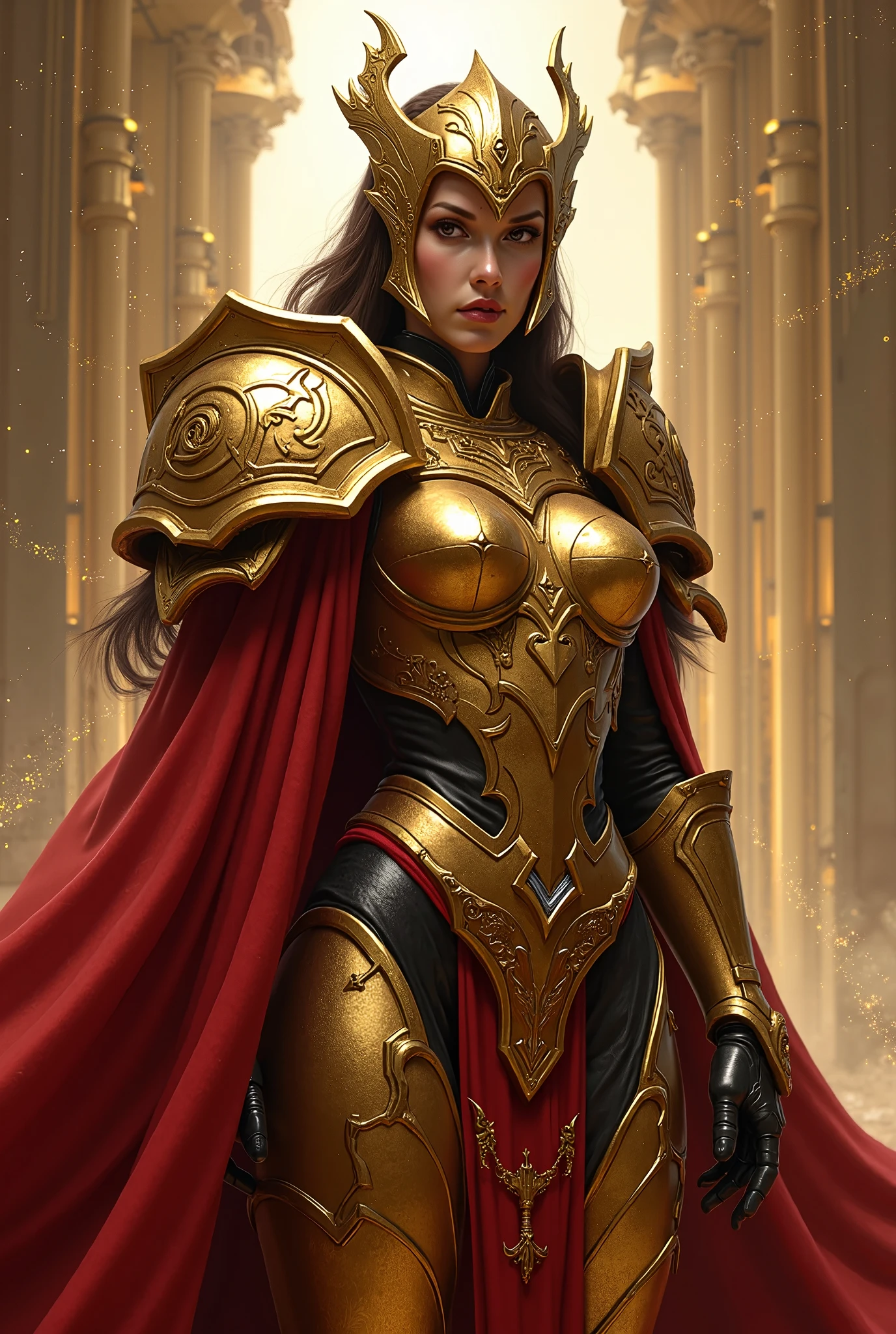 Arafed woman in armor and a red cape standing in a room - SeaArt AI