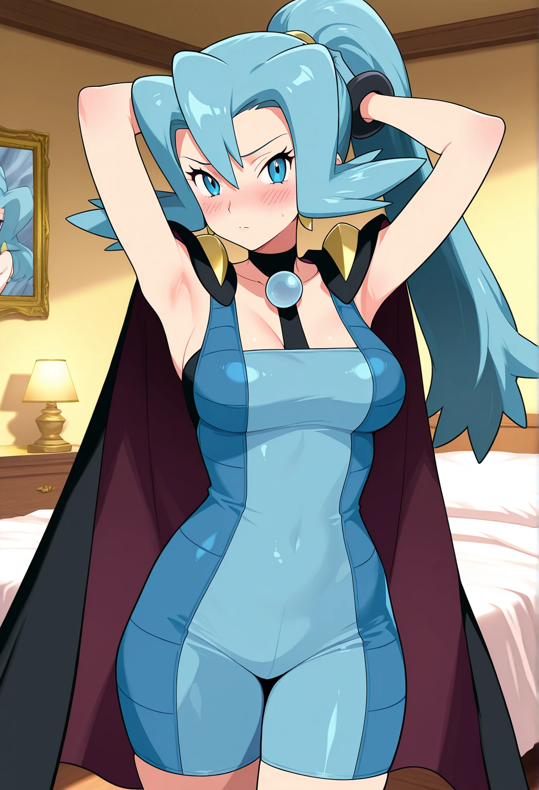 bl_oom, 1girl, blue hair, blue eyes, looking at viewer, smiling, standing up, sexy stance, front view, Full Body lust, spreading legs, black corset, naked vagina, strapless, big Breasts, naked shoulders, Long Legs, show complete body, black platform heels, touching her Breasts, blue sexy miniskirt, lifting skirt, simple background, score_9, score_8_up, score_7_up,