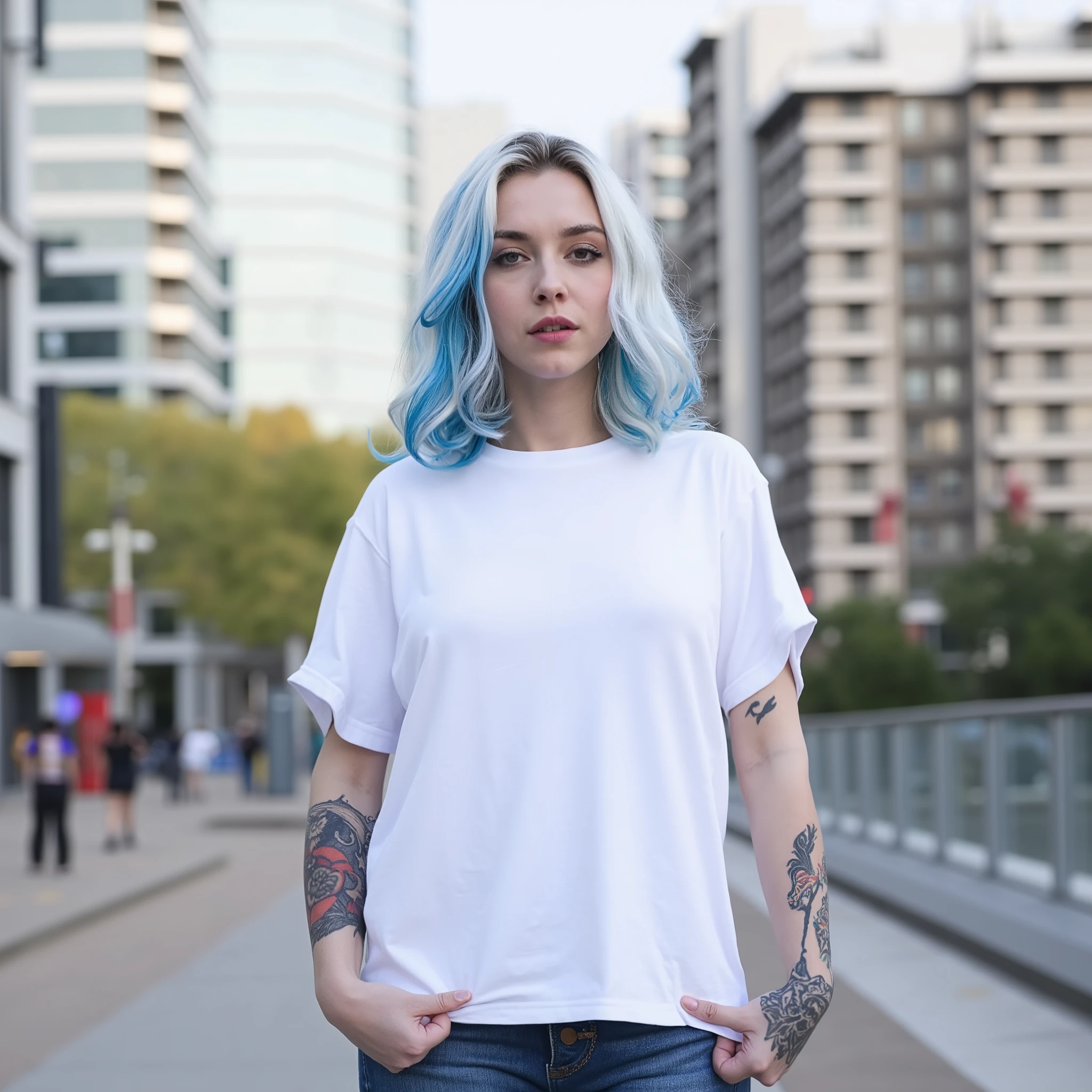 high resolution 8k image of a 25-year-old tattooed woman seen from the front with white and blue hair wearing a large loose oversized white t-shirt like a remeron, with an urban background and with dark joggins