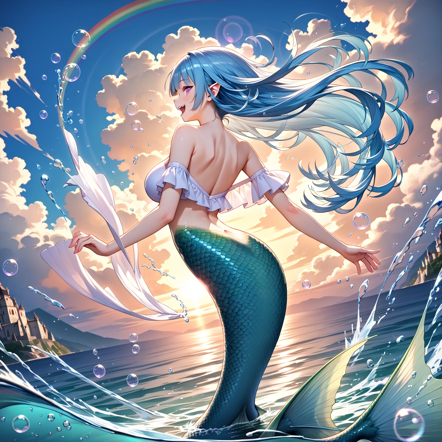 Merfolk holding a weapon on the blue ocean wave with a green sky in the background