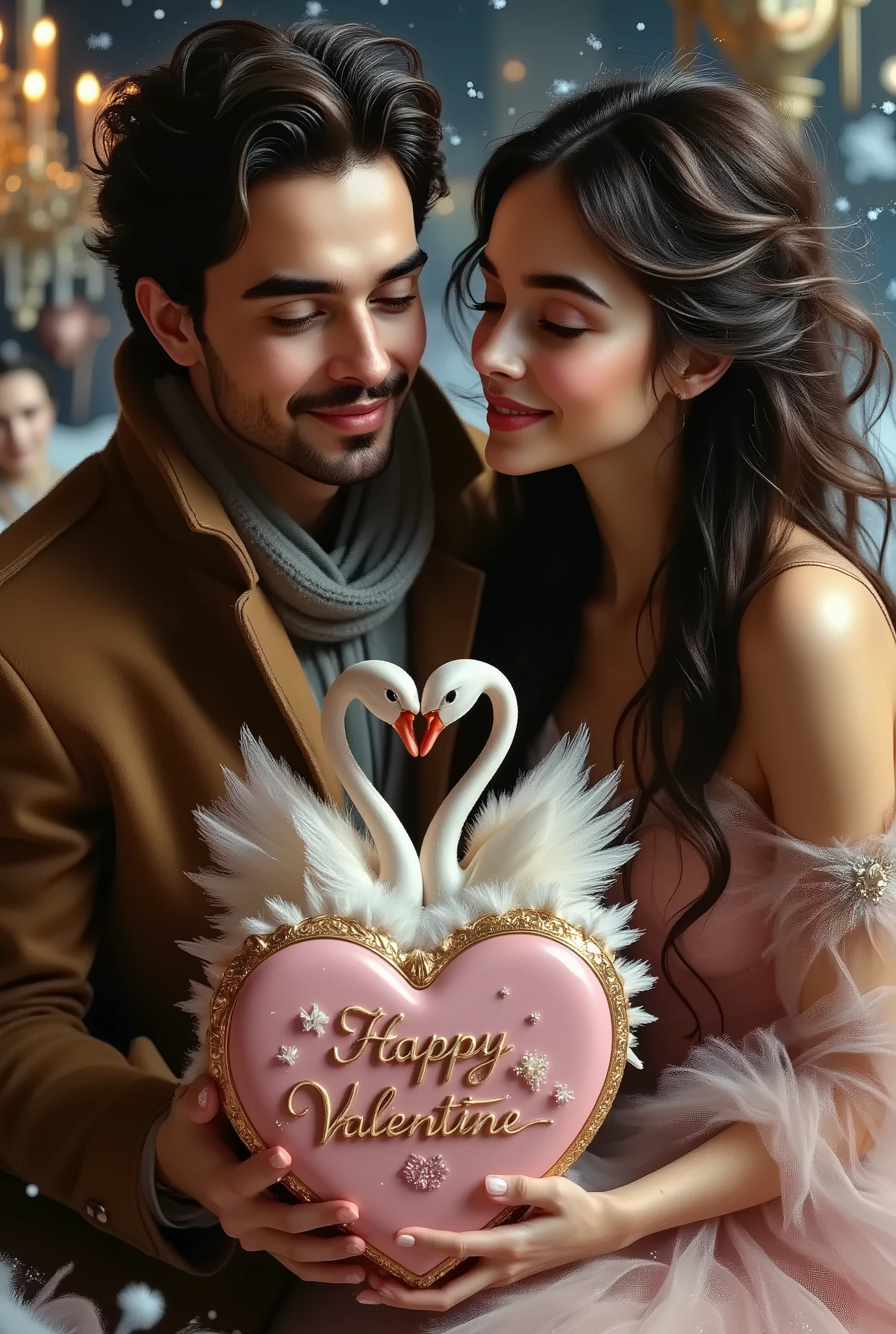 Photorealistic portrait of a stunning nymph with luscious, long black hair flowing in the wind, adorned with a silver scarf on her neck, and a prince charming in a dashing night outfit, sharing a romantic kiss while holding a delicate, pink heart-shaped box with a golden lid, featuring the intricate text "Happy Valentine" in cursive script, as a pair of crystal swans emerge from the box, surrounded by a warm, soft focus, and dramatic lighting, set against the opulent backdrop of a fancy dining room with a grand chandelier, amidst a serene winter wonderland scene, with snowflakes gently piling on the window, the moon's gentle reflection casting a magical glow, and a glittering "Happy Valentine" banner in the background, exuding a romantic and intimate atmosphere.