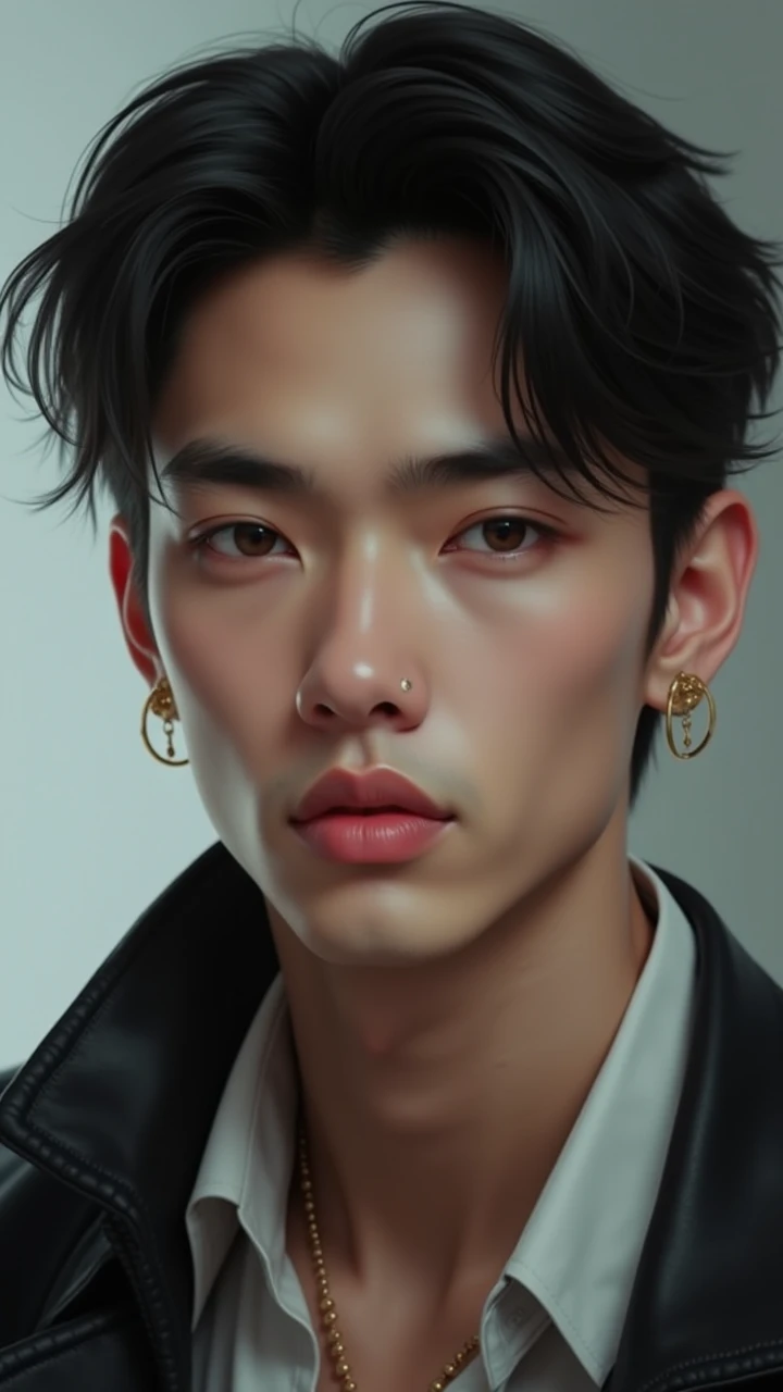 Ultra photorealistic, 20 year old, handsome model, Korean man, nude, on top of the bed, penis, penis on his face, Top view, expression of ecstasy/orgasmic, cumshot, cum on chest and face