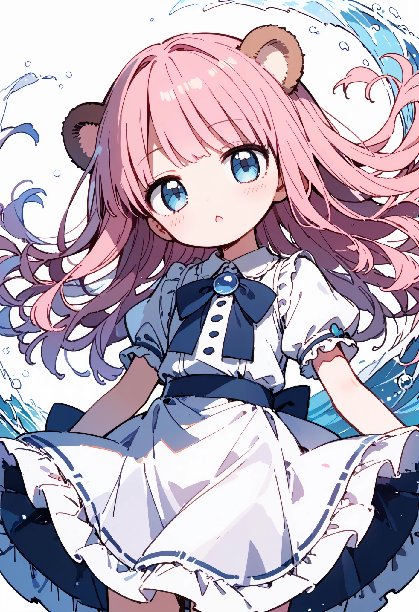 Pink Hair, And soul, Ghibli, anime style, Proximity, One person's perspective , 8k, Super Details , masterpiece, Super Details , high quality, Hi-Res, high details, white background, Face Details , Blissful, blue eyes、Beaver、 pat bang、White clothes, cute , Sweet girl, is so beautiful , I'm watching the viewers , long wave hair, pretty detailed dress, pretty cute dress , close