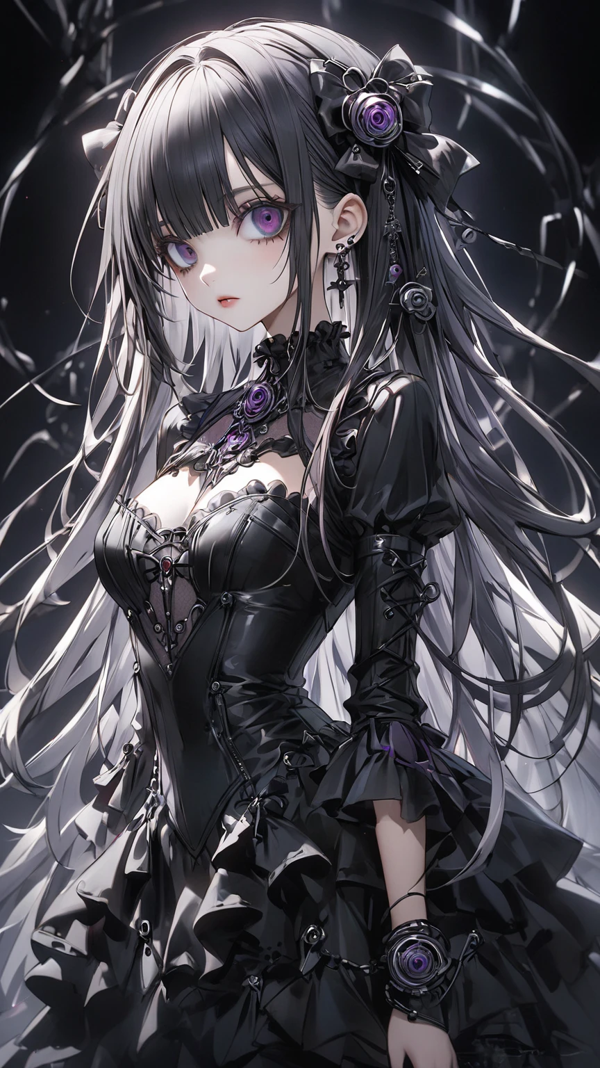 victoria
horns, tiara, veil, black bodysuit, shoulder armor, long sleeves, cleavage cutout, black gloves, black overskirt, black pants