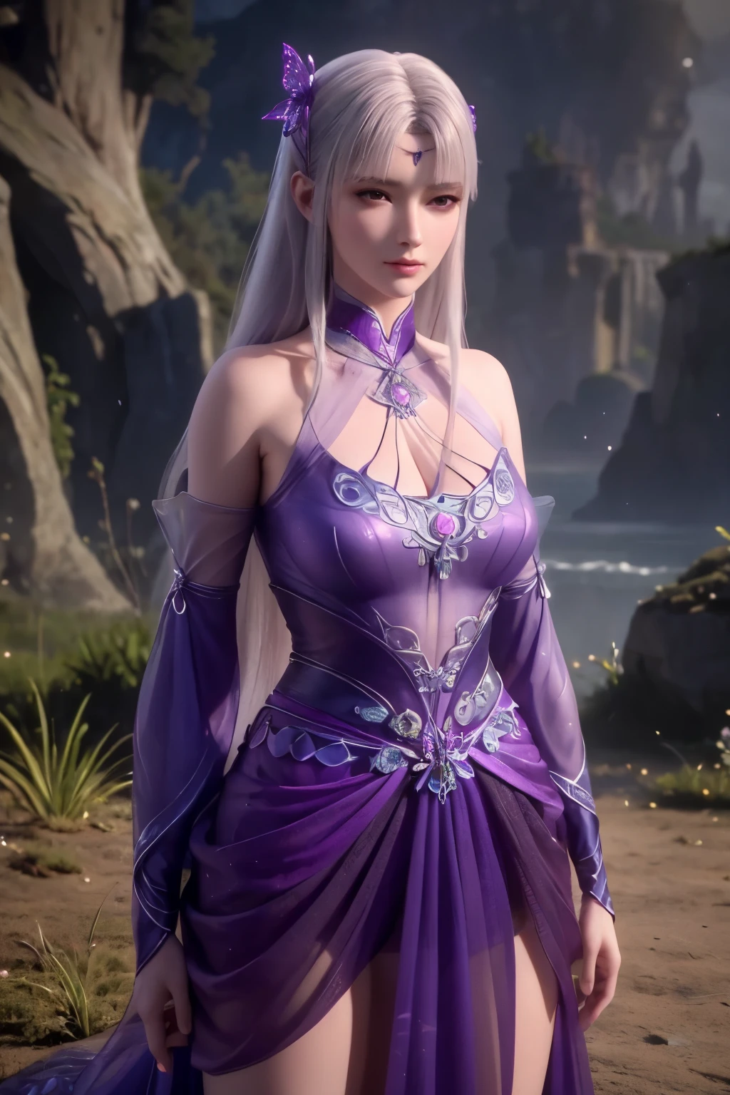 realistic, photorealistic, Masterpiece, absurdres, fine detail, HDR, detailed hand anatomy, highly detailed face and eyes, (8k, best quality, masterpiece:1.2), ultra-detailed, extremely detailed cg 8k wallpaper,fashion,(crystalstexture skin:1.2),(extremely delicate and beautiful),(masterpiece, best quality:1.2),1girl, solo, narrow waist, wide hips, (large breasts:1.2),long hair, (looking at viewer:1.2), natural lighting, fantasy, dreamlike, unreal, science fiction, detail, delicate pattern, charming, alluring, enchanting, hair ornament, fairydoctor, full body, dream, purple butterflies, glowing butterflies, sexy pose, night, (neon butterflies:1.1), purple neon butterflies