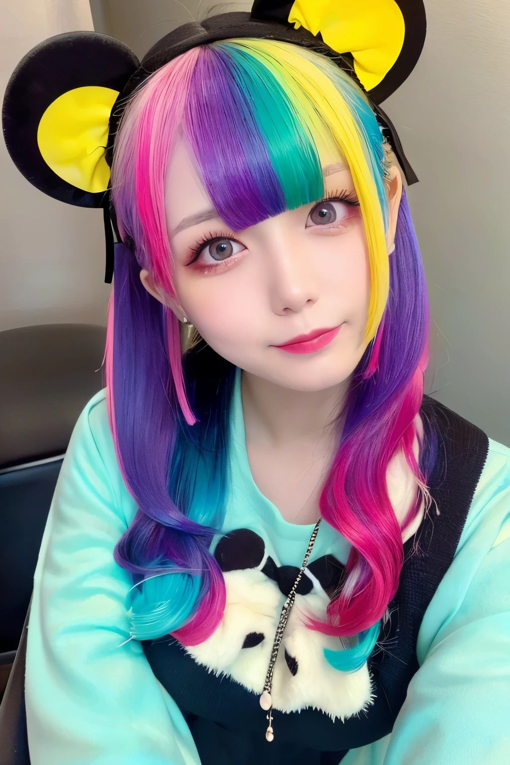 high quality, realistic、 Hi-Res, realistic、8k、 Masterpiece, Details.Impressive、Alone、 Mickey Mouse headband、 Disney、 cutting-edge photo portrait of a woman、Expression of happiness、The way you look at someone you love、 yellow、Cyan, and purple, (( her colorful hair is gathered in a high position、Various hair colors:1.3)) 、 her bright makeup is really eye-catching