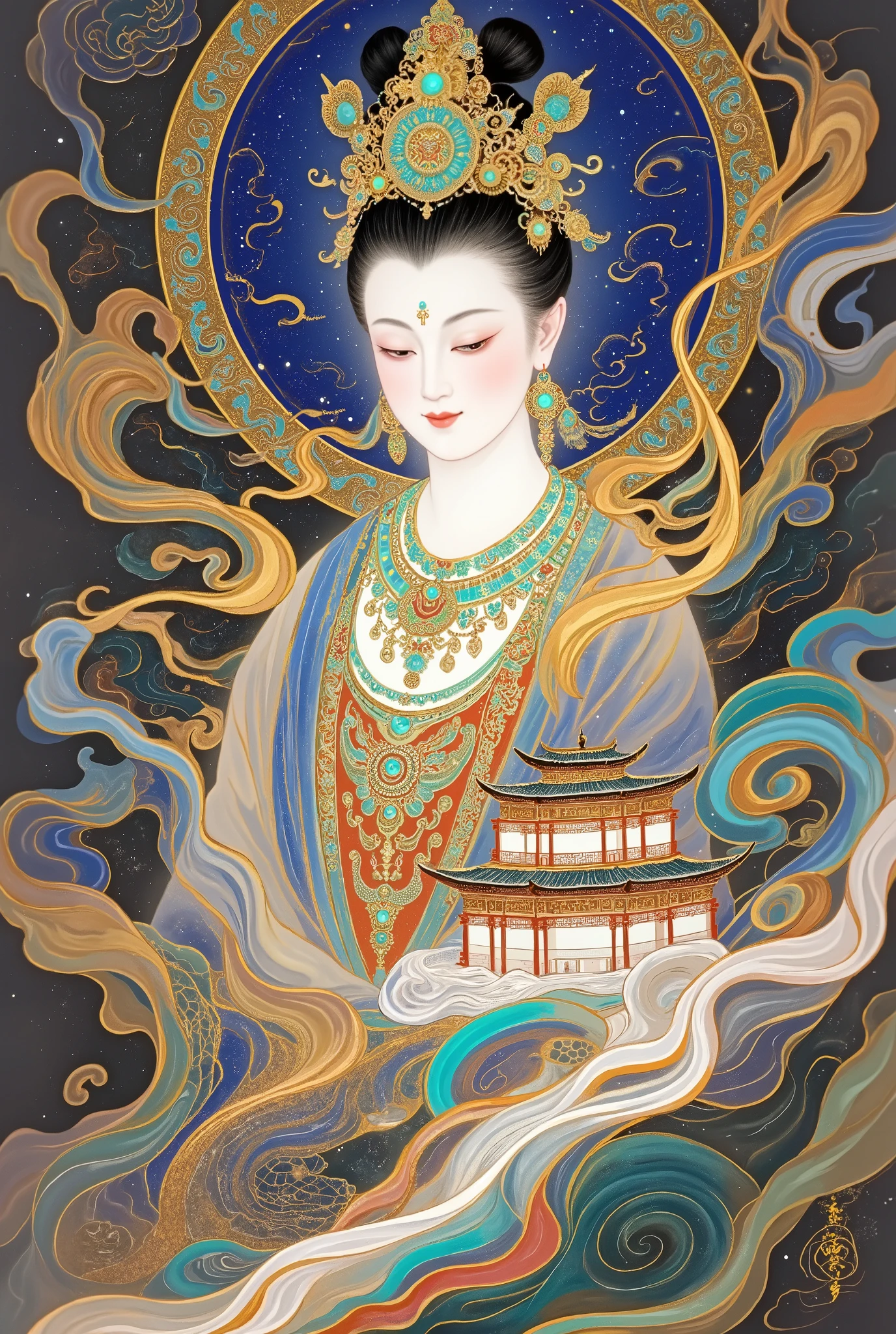 a beautiful art illustration , Dream Painting, , intricate fantasy painting , Wonderful fantasy landscape art , Chinese style illustrations,Silk Road,camel,Dunhuang,Chinese ancient buildings,Cloisonne, Cloisonne enamel ,antiquity,Crescent Moon,Buddha,The Flying Fairy,Portrait of Guanyin as a ,Double Exposure,guard