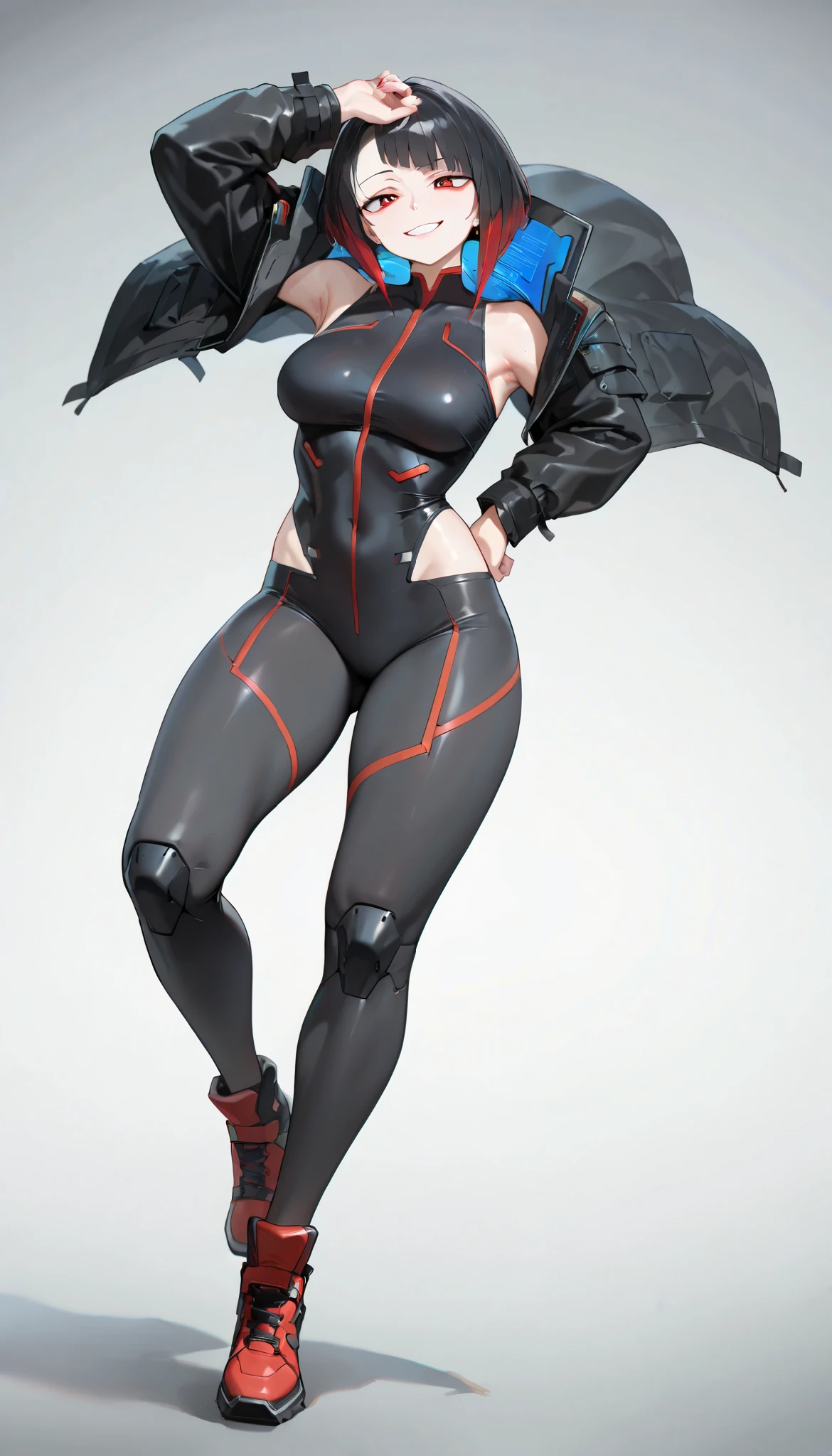 (Medium breasts, Mature, visible curves, Dynamic pose, Full body, Smiling ), best quality, amazing quality, very aesthetic, Milf, cyberpunk, Cyberpunk coat, street style, techwear,Short black hair with red highlights, red eyes, black sleeveless blouse, black leggings, white background