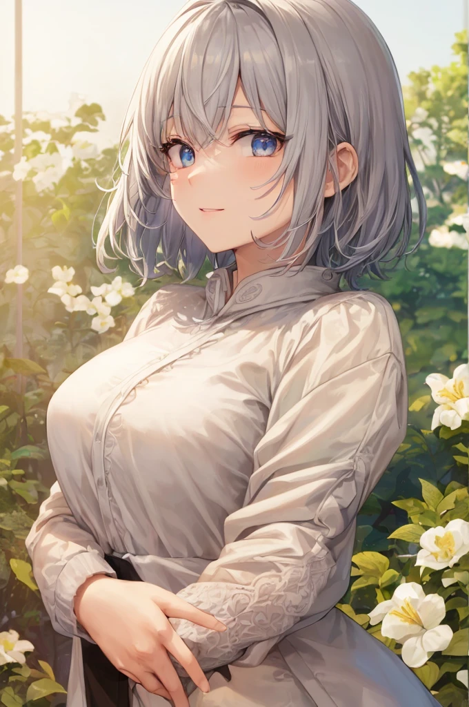 (Highest quality, High resolution, Very detailed), Silver Hair, Super short hair, Reddish brown eyes, sweater dress, lace thong, Large Breasts, 24th generation, Beautiful woman, mature, quiet, Calm, A small smile, Garden, fountain,