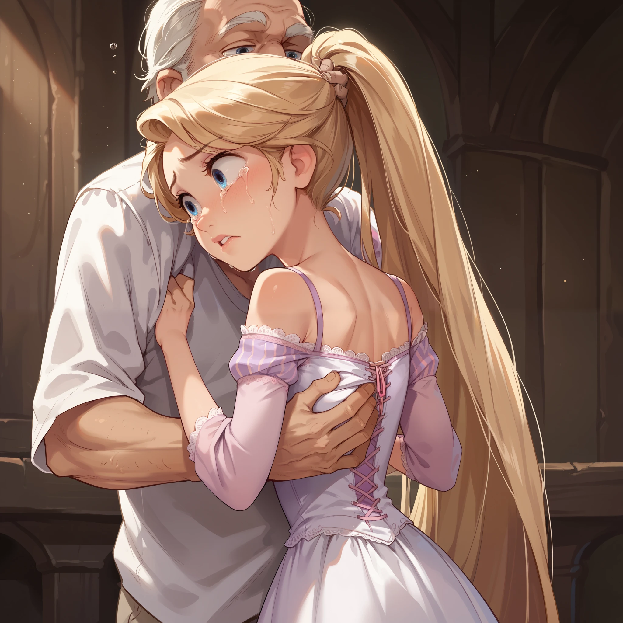 1girl ,rapunzel, skinny, beautiful, blue eyes,((white dress, off shoulder)), afraid, crying, old man embraces her from behind, groping, grabbing, ponytail