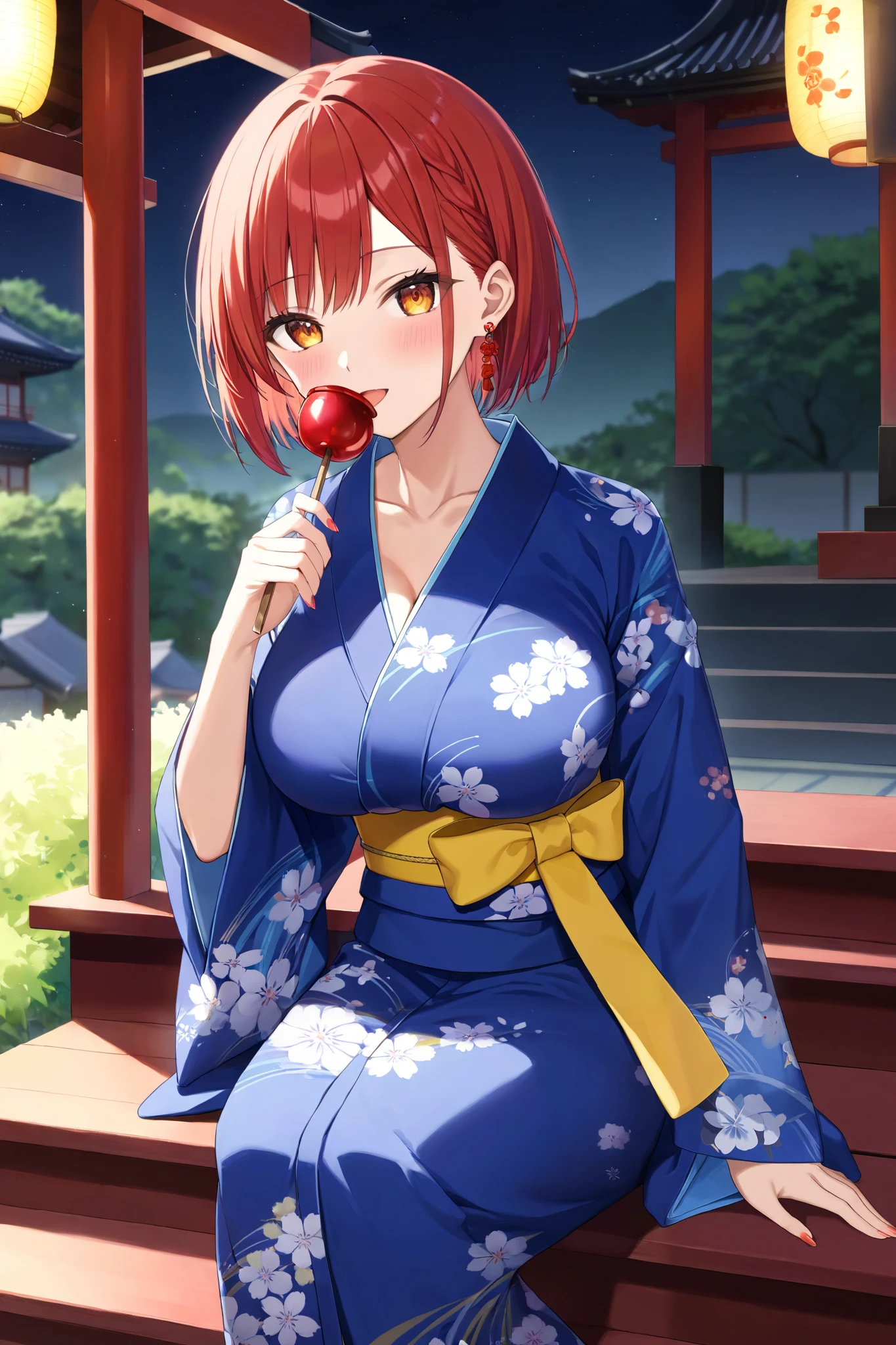 sawaki rinna,  Hi-Res,  Masterpiece,  very detailed,  1 Japanese Woman ,

short bob hair, red hair, dark orange eyes , 
breasts, large breasts, 
clothing(monochromatic yukata, Blue yukata,  yellow belt, red piercing in the right ear), 

Admire the festival, Sit on the stairs, solo, Bring me a candy apple, 