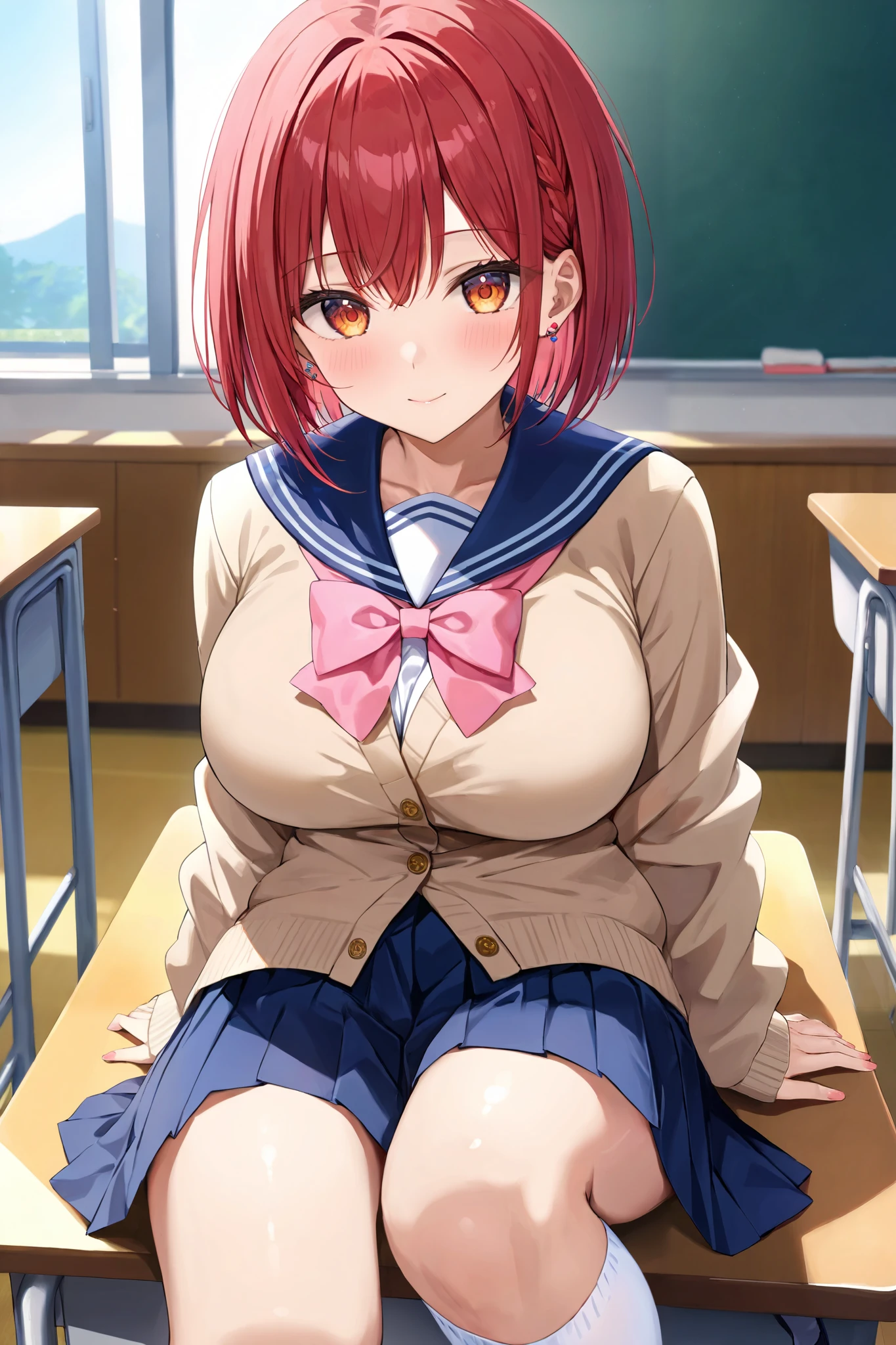 sawaki rinna,  Hi-Res,  Masterpiece,  very detailed,  1 Japanese Woman ,

short bob hair, red hair, dark orange eyes , 
breasts, large breasts, 
clothing( sailor suit, Navy blue collar,  beige cardigan, pink bow ribbon,  blue pleated skirt,  white knee-high socks, red piercing in the right ear), 

classroom,  sitting at a desk , 