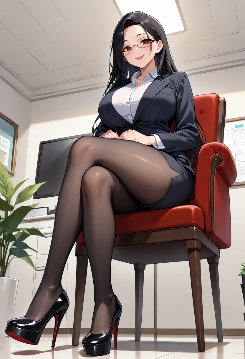 ((最high quality)), ((masterpiece)), (be familiar with) Perfect Face mature beautiful japanese woman、Sitting in a chair, ,whole body,Crossing your legs, View your viewers,Staring sadly,High resolution,high quality, masterpiece ,Black Suit、Black tight skirt, White shirt, Black jacket,Black high heels, Black Stockings , classroom, Give her permission to lick her heels,Pulling her paws up to the camera for licking,View from below,Look at her heels, Pointing at heel,Drag your leg towards the camera,Push your feet towards the camera, High heels close-up