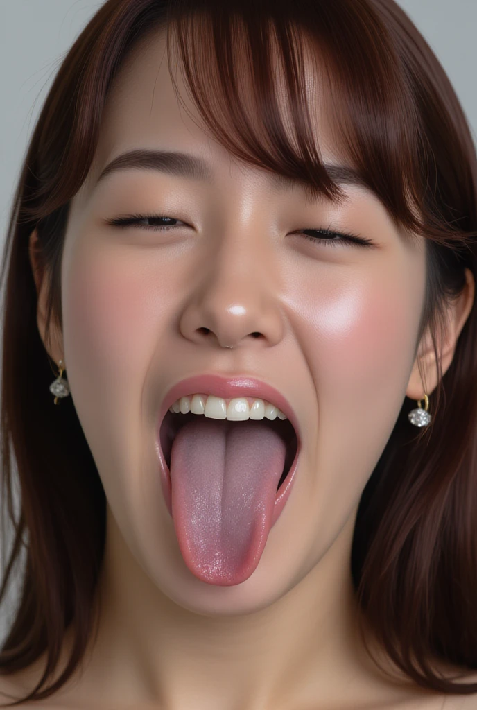 Korean,,,woman,Show only the face,Eyes wide open, a scary smile,Open your mouth and eyes wide,stick your long tongue out of your mouth,Brown tongue,The tongue is dirty