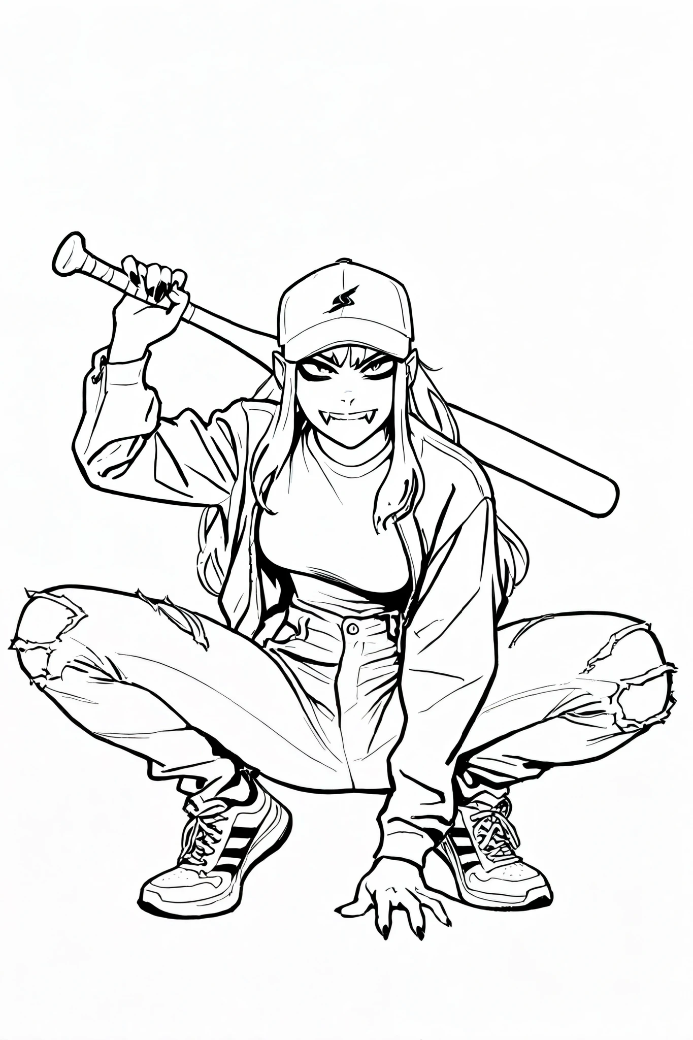 score_9, score_8_up, score_7_up, score_6_up, score_5_up, score_4_up, digital art,
BREAK
(masterpiece: 1.0), best quality, perfect , perfect composition, perfection, 4k resolution, absurdres, very aesthetic, professional artwork, absolutely beautiful, lineart, line art, greyscale, monochrome, perfect face
BREAK
masterpiece, best quality, amazing quality, very aesthetic, high resolution, line art, four fingers and a thumb, timbrook, 1girl, vampire fangs monochrome, greyscale, solo, long hair, torn clothes, baseball bat, baseball cap, jacket, shoes, pants, holding, sneakers, , torn pants, looking at viewer, simple background, shirt, hand up, squatting, low angle shot