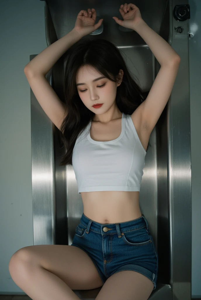 (8K、RAW Photos、Highest quality、masterpiece:1.2)、(Realistic、Photorealistic)、1 Girl、((White tank top、Shorts、Big Breasts、Look forward、Standing with hands on hips))、
