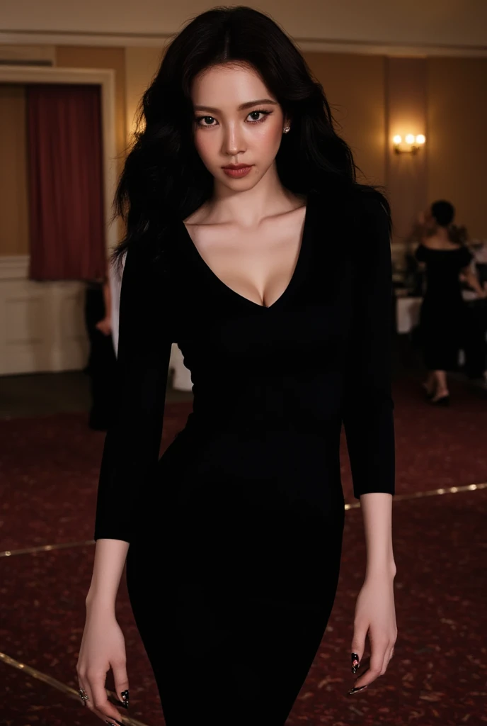 最high quality、best image quality、masterpiece、teenage girl((American、18-year-old、 By becoming、vest bust、medium bust,wide open breast tea、black eye, colorful hair、long hair、thin,highest valley、toned chest、black dress、black long skirt、Black muffler)),high quality、beautiful art、background((party venue、red carpet、black limousine、camera flash)),debris flies、Depth of written boundary、movie、visual art、perfect art、8K,genuine
